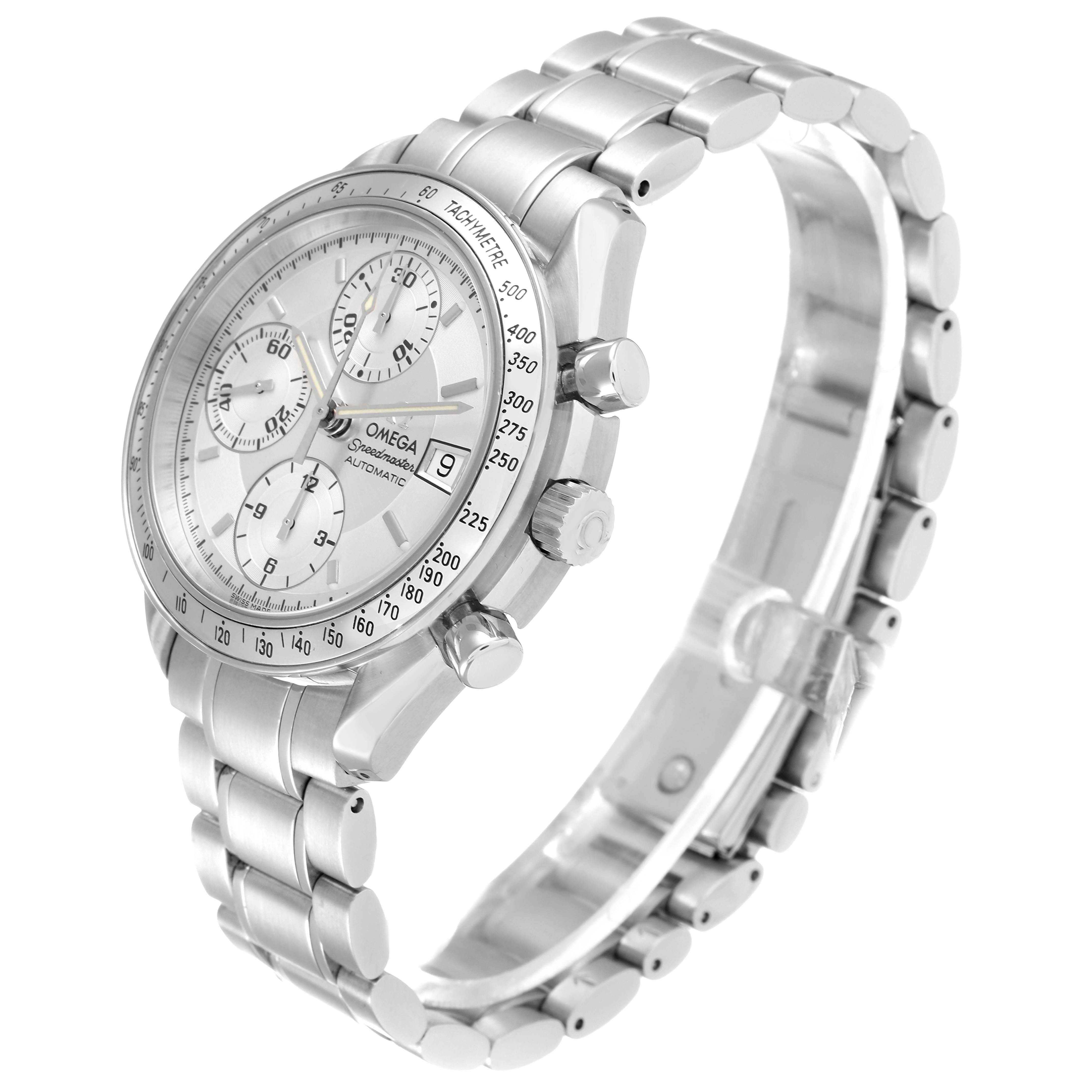 The image displays an angled view of the Omega Speedmaster 3513.30.00 Men
s Stainless Steel Silver Dial 3513.30.00 Men
s Stainless Steel Silver Dial watch, showcasing its face, three sub-dials, crown, and stainless steel bracelet.