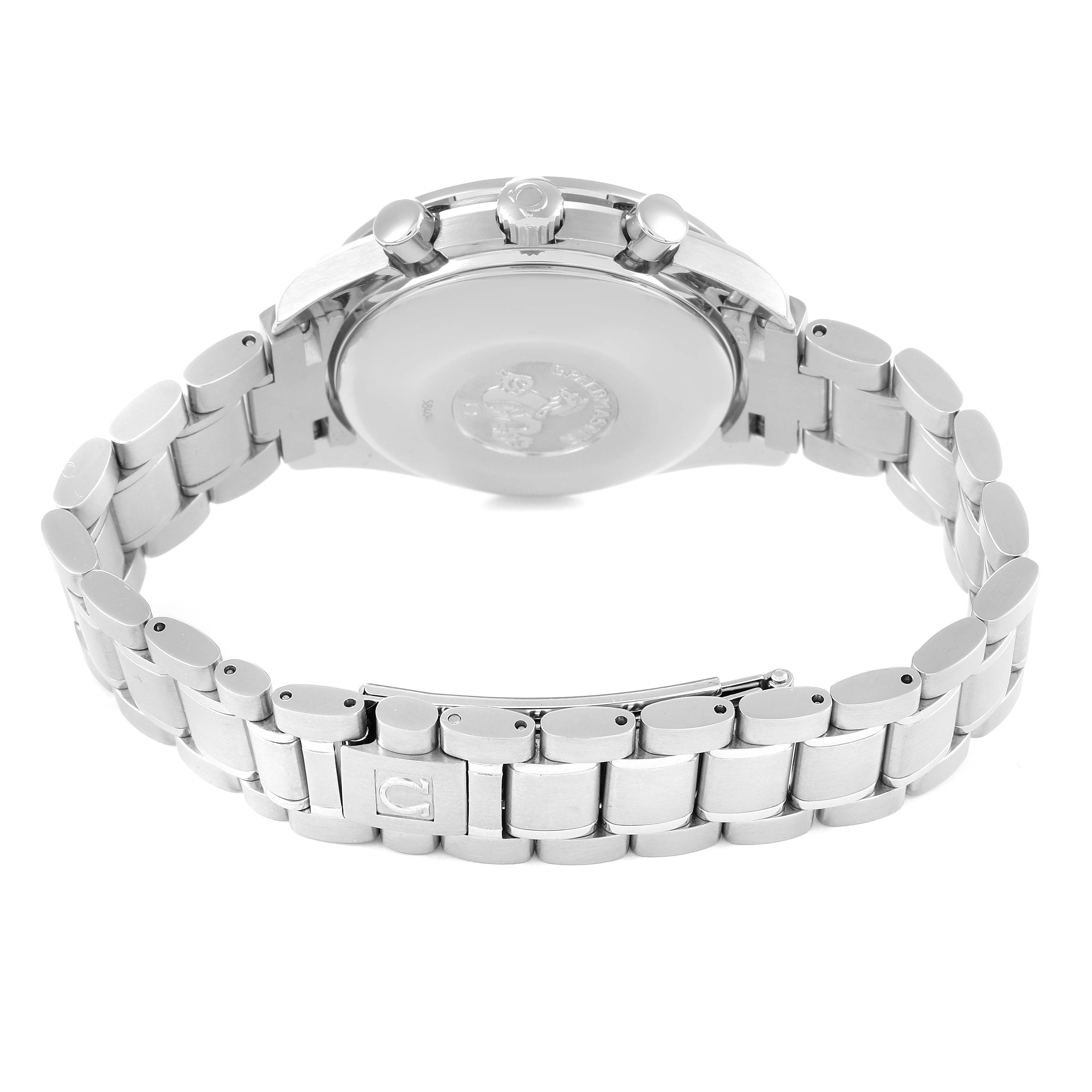 The image shows the back case and bracelet of an Omega Speedmaster 3513.30.00 Men
s Stainless Steel Silver Dial 3513.30.00 Men
s Stainless Steel Silver Dial watch from a rear angle.