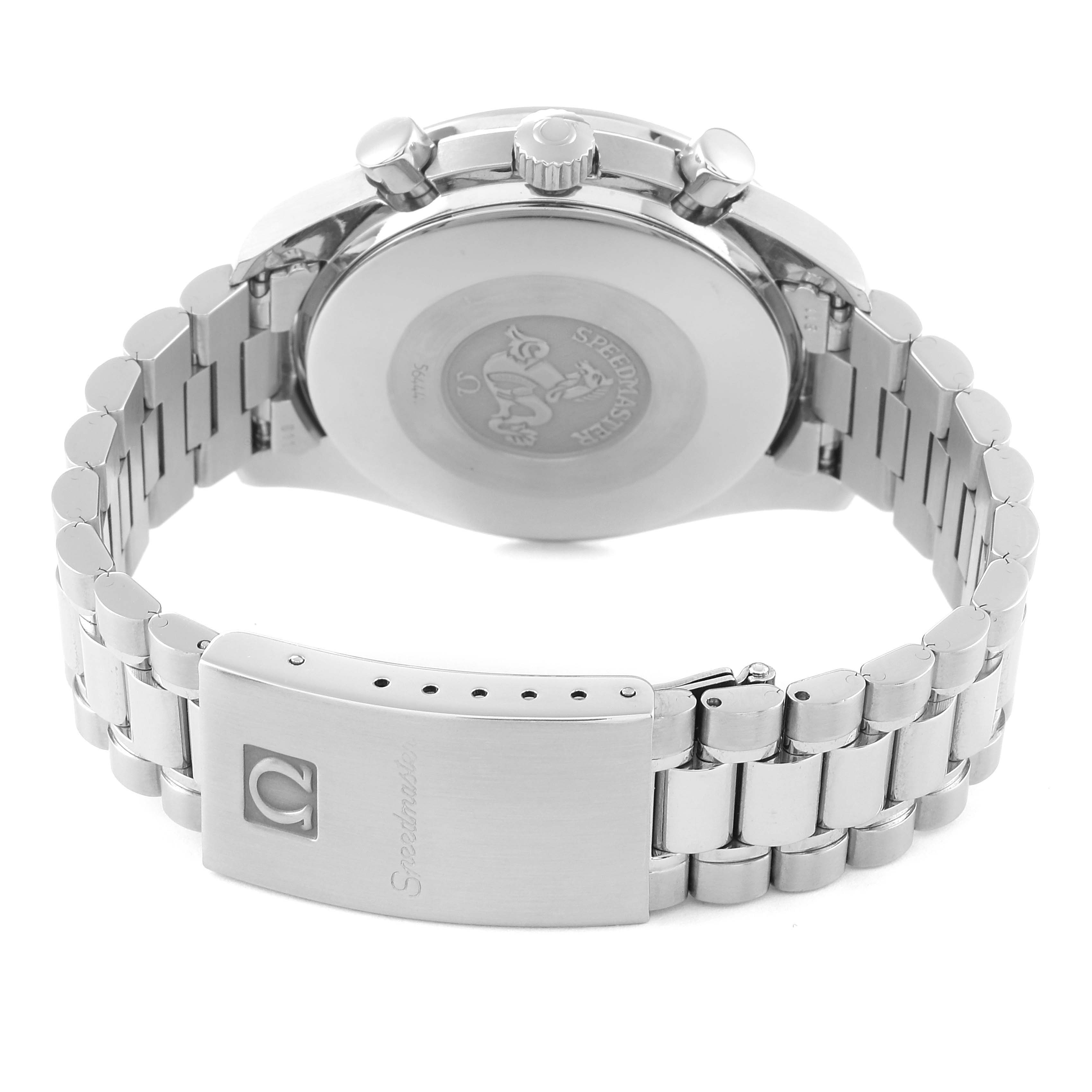 The image shows the backside and clasp of the Omega Speedmaster 3510.50.00 Men's Stainless Steel Black Dial 3510.50.00 Men's Stainless Steel Black Dial watch, highlighting its stainless steel bracelet and case back.