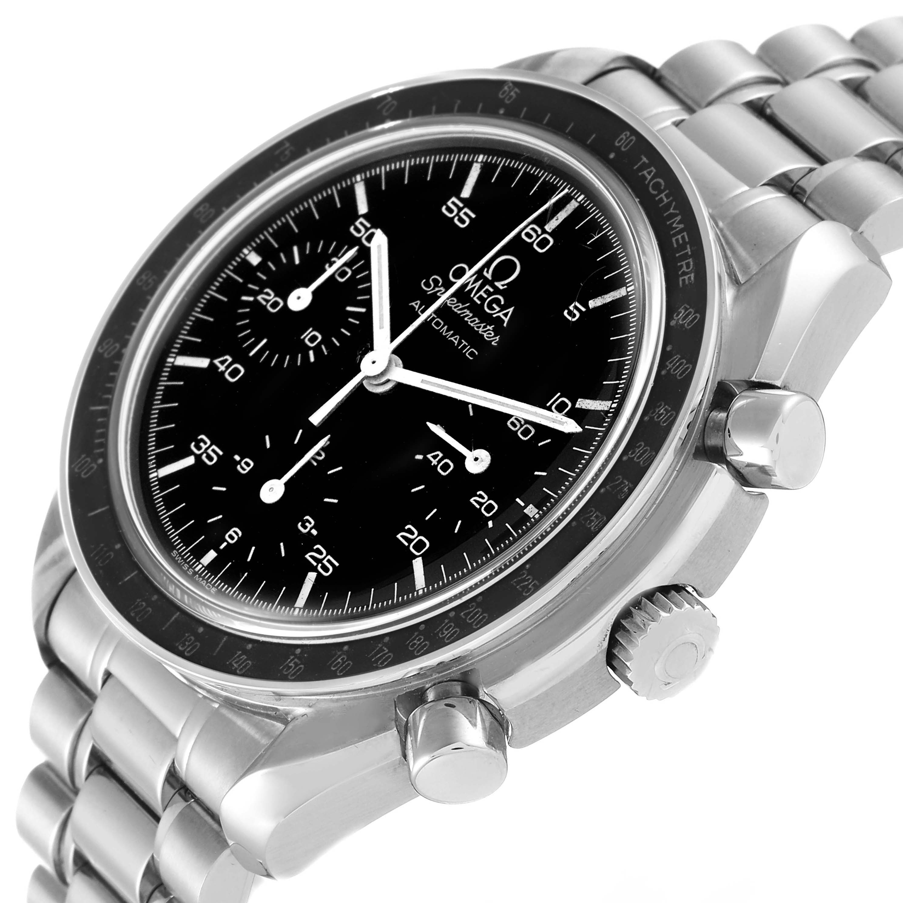 This image shows an angled view of the Omega Speedmaster 3510.50.00 Men's Stainless Steel Black Dial 3510.50.00 Men's Stainless Steel Black Dial watch, highlighting the bezel, subdials, crown, and stainless steel bracelet.