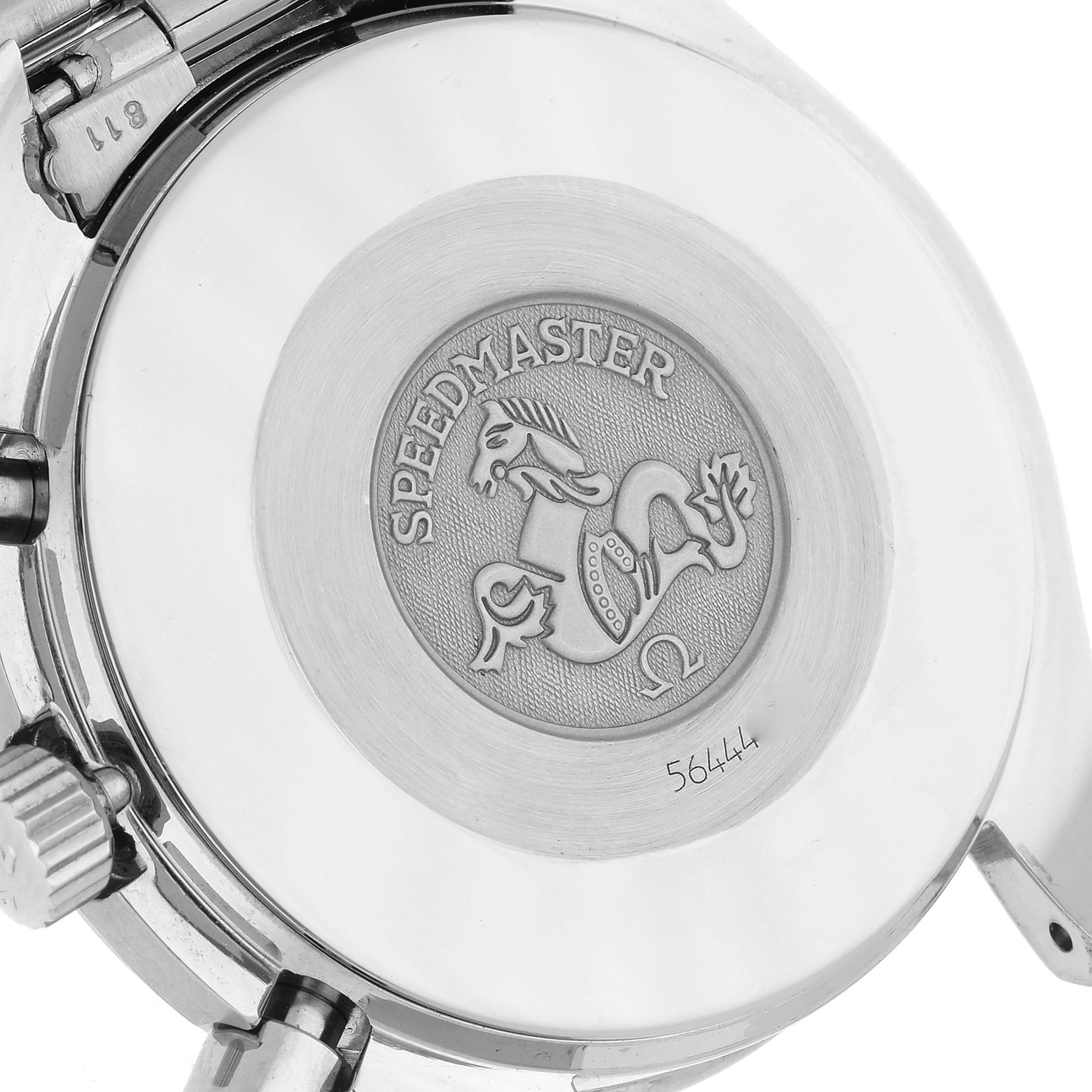 The image shows the back case of an Omega Speedmaster 3510.50.00 Men's Stainless Steel Black Dial 3510.50.00 Men's Stainless Steel Black Dial watch, highlighting the engraved logo and text.