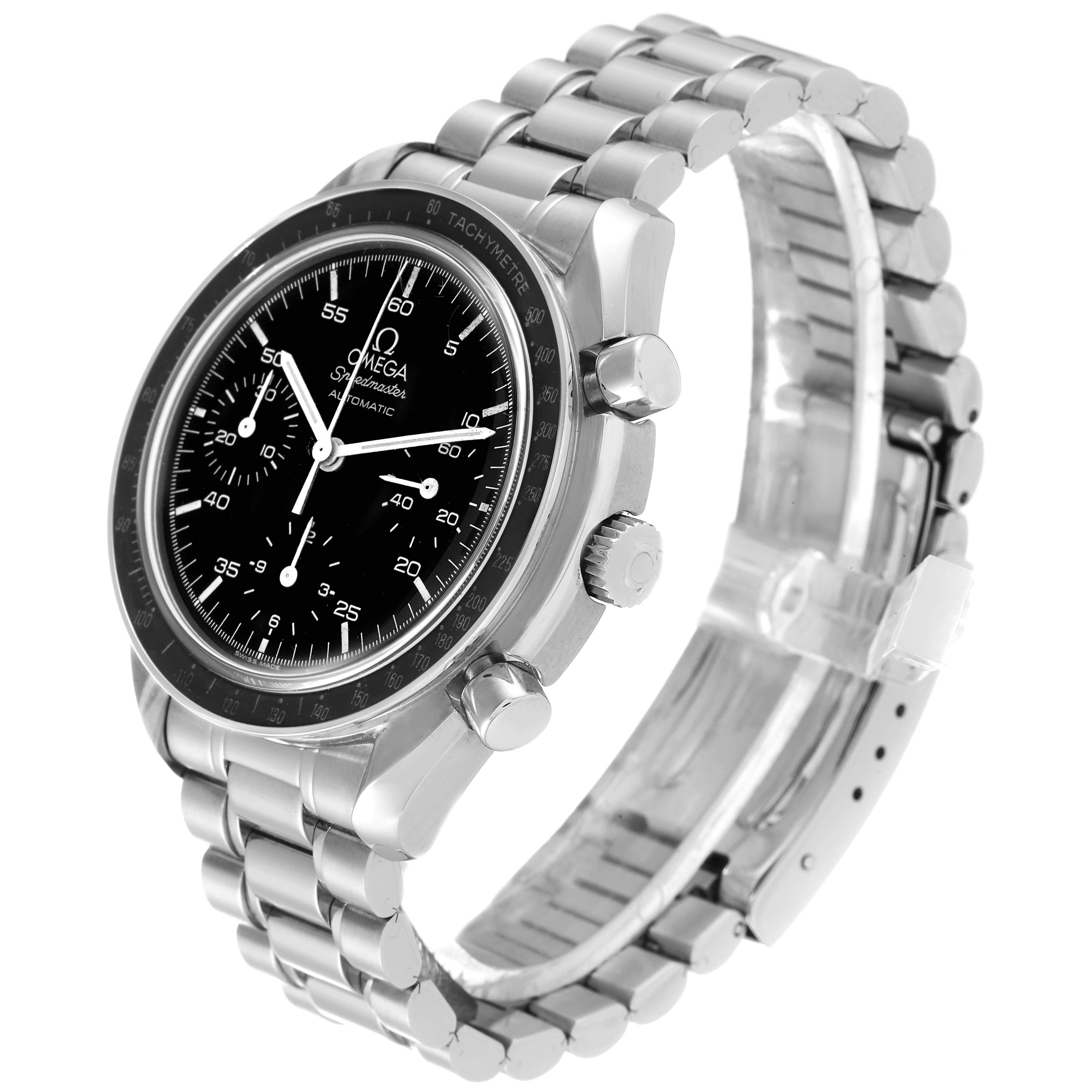 The Omega Speedmaster 3510.50.00 Men's Stainless Steel Black Dial 3510.50.00 Men's Stainless Steel Black Dial watch is shown at a slight side angle, highlighting its stainless steel bracelet, pushers, crown, and black dial.