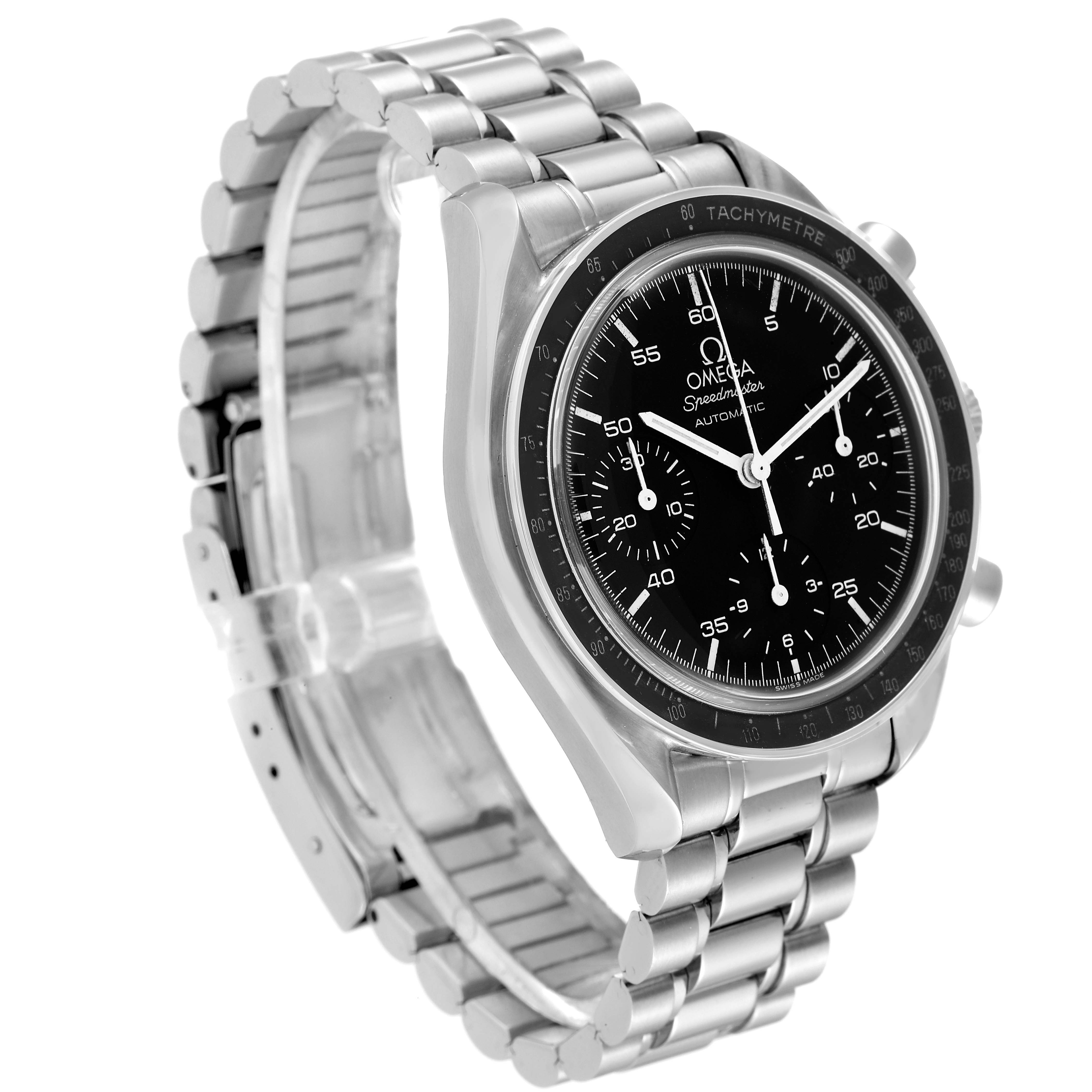 The Omega Speedmaster 3510.50.00 Men's Stainless Steel Black Dial 3510.50.00 Men's Stainless Steel Black Dial watch is shown at a three-quarter angle, highlighting the dial, bezel, and bracelet.
