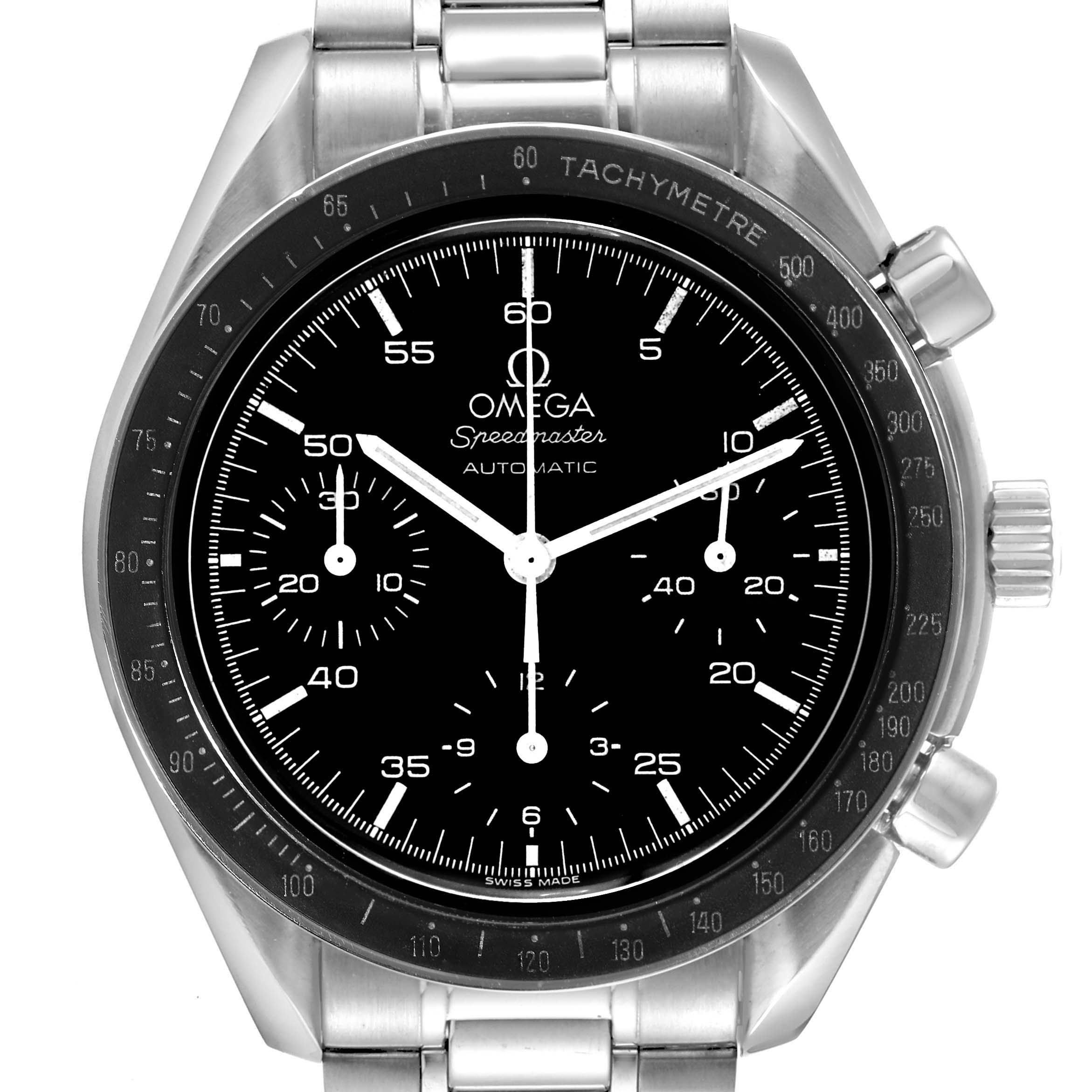 The image shows a front view of the Omega Speedmaster 3510.50.00 Men's Stainless Steel Black Dial 3510.50.00 Men's Stainless Steel Black Dial watch, highlighting the black dial, tachymetre bezel, and stainless steel bracelet.