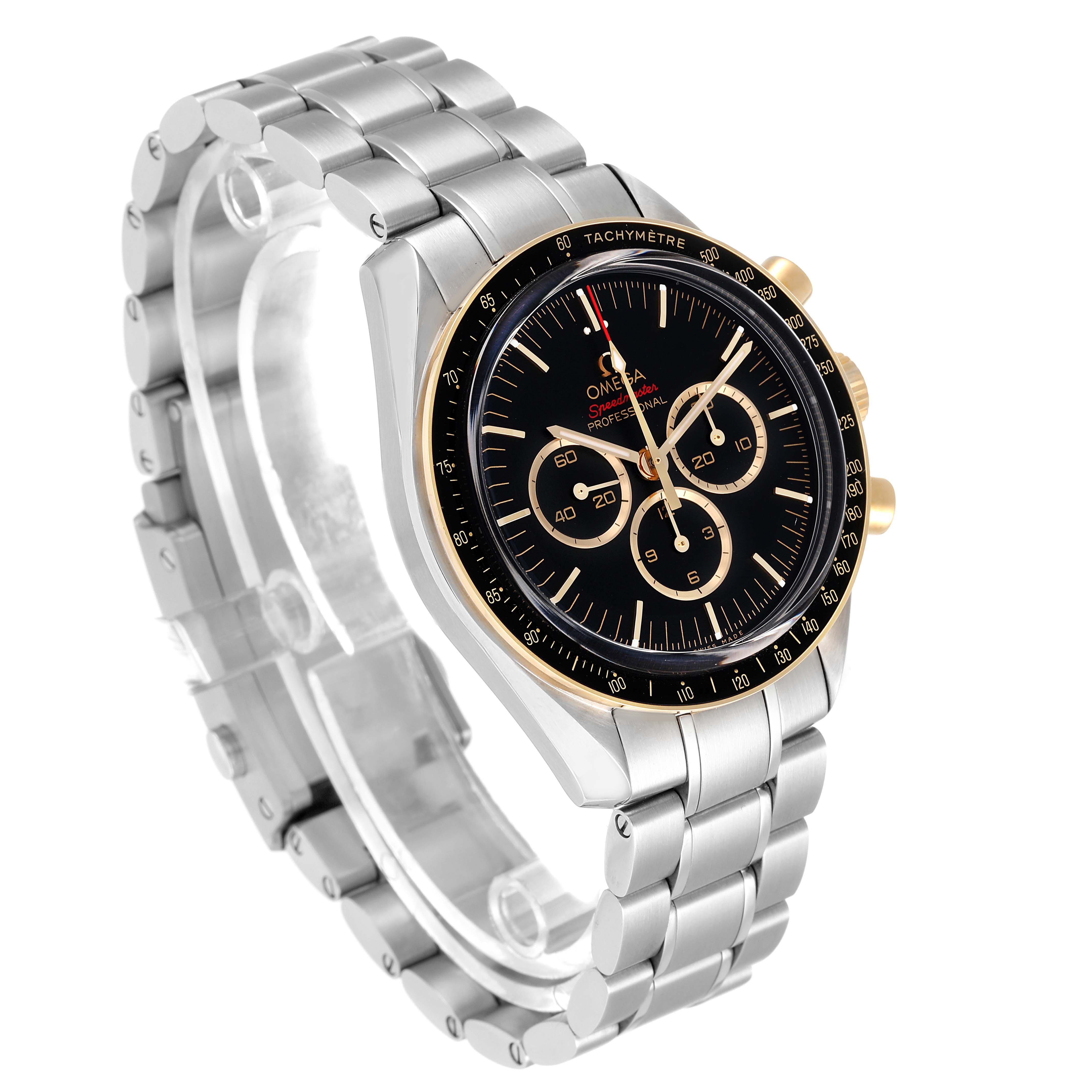 The image shows a three-quarter angle view of an Omega Speedmaster 522.20.42.30.01.001 Men
s Steel and Gold (two tone) Black Dial 522.20.42.30.01.001 Men
s Steel and Gold (two tone) Black Dial watch, highlighting its bracelet, case, and dial.