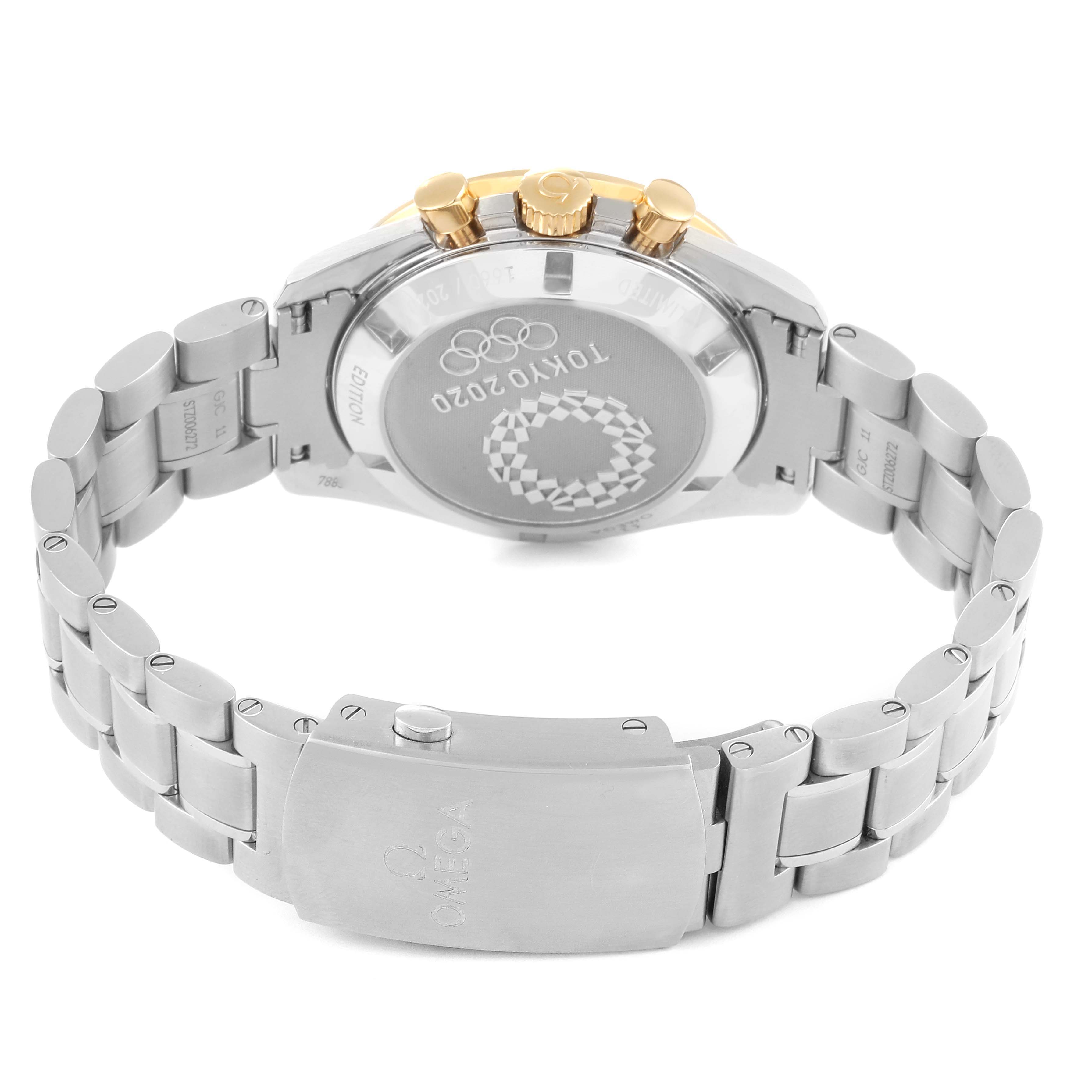 The image shows the back view of an Omega Speedmaster 522.20.42.30.01.001 Men
s Steel and Gold (two tone) Black Dial 522.20.42.30.01.001 Men
s Steel and Gold (two tone) Black Dial watch, highlighting the case back, bracelet, and clasp.