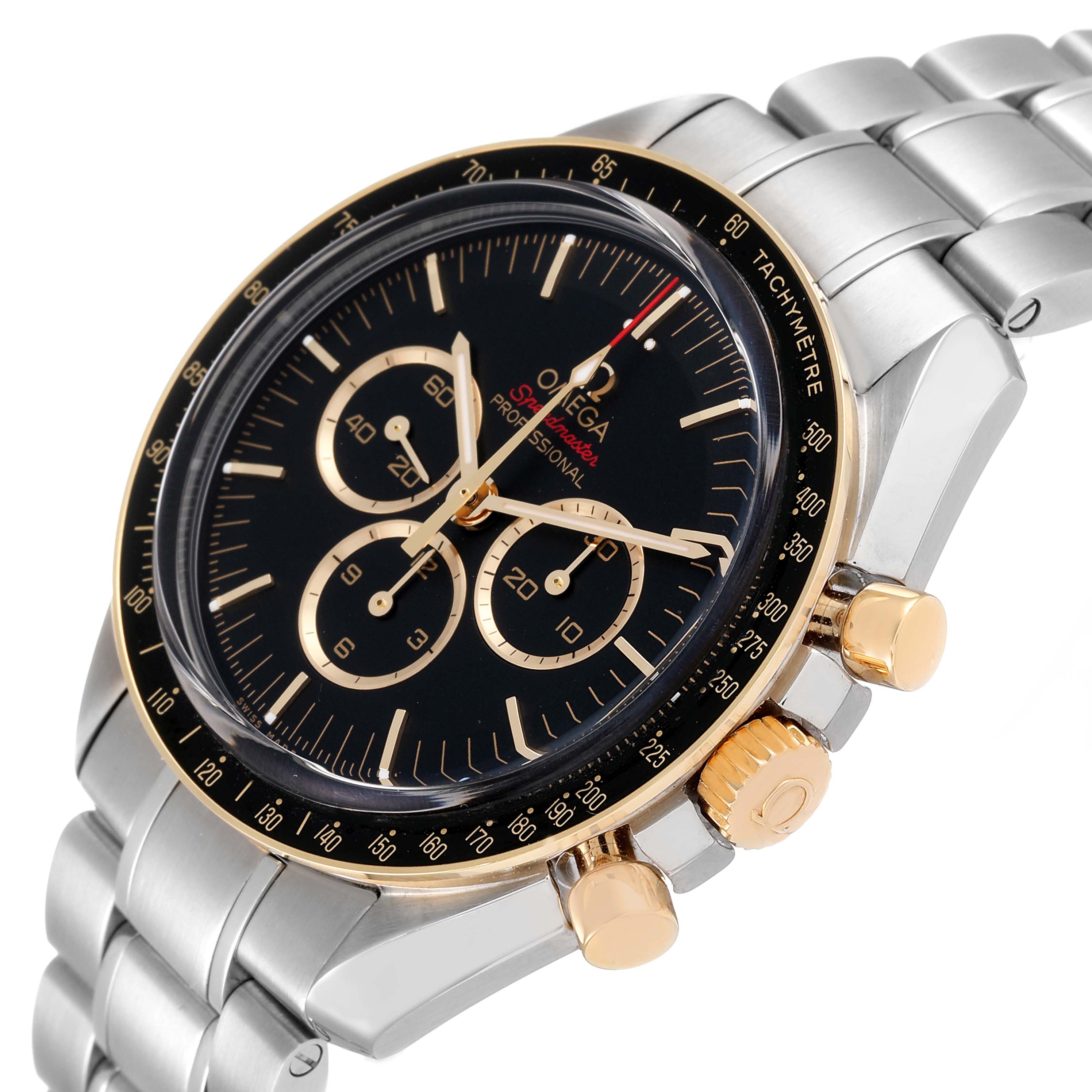 The Omega Speedmaster 522.20.42.30.01.001 Men
s Steel and Gold (two tone) Black Dial 522.20.42.30.01.001 Men
s Steel and Gold (two tone) Black Dial watch is shown at an oblique angle, highlighting the face, bezel, crown, and pushers.