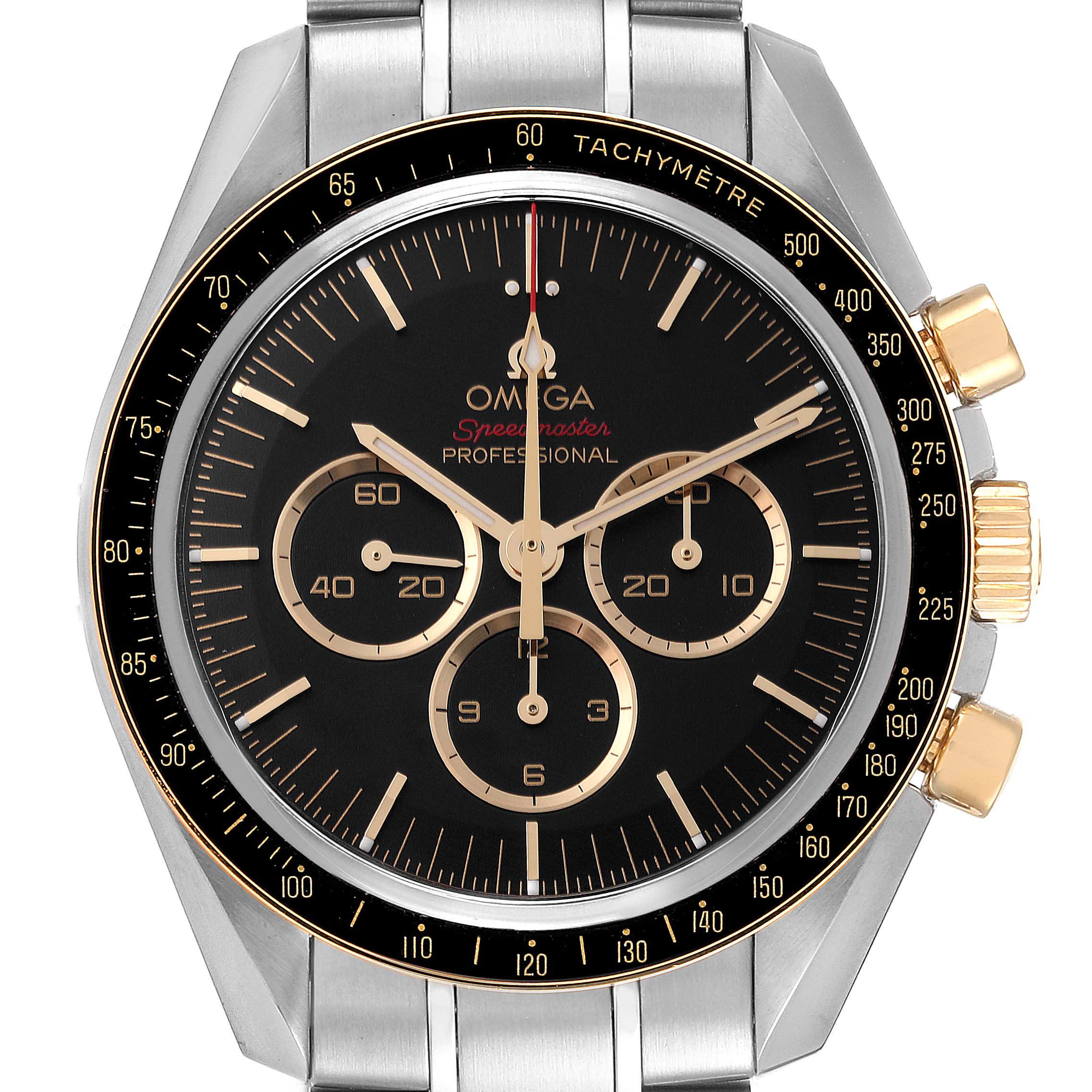 This image shows a front view of the Omega Speedmaster 522.20.42.30.01.001 Men
s Steel and Gold (two tone) Black Dial 522.20.42.30.01.001 Men
s Steel and Gold (two tone) Black Dial Professional watch, highlighting its dial, bezel, and chronograph subdials.