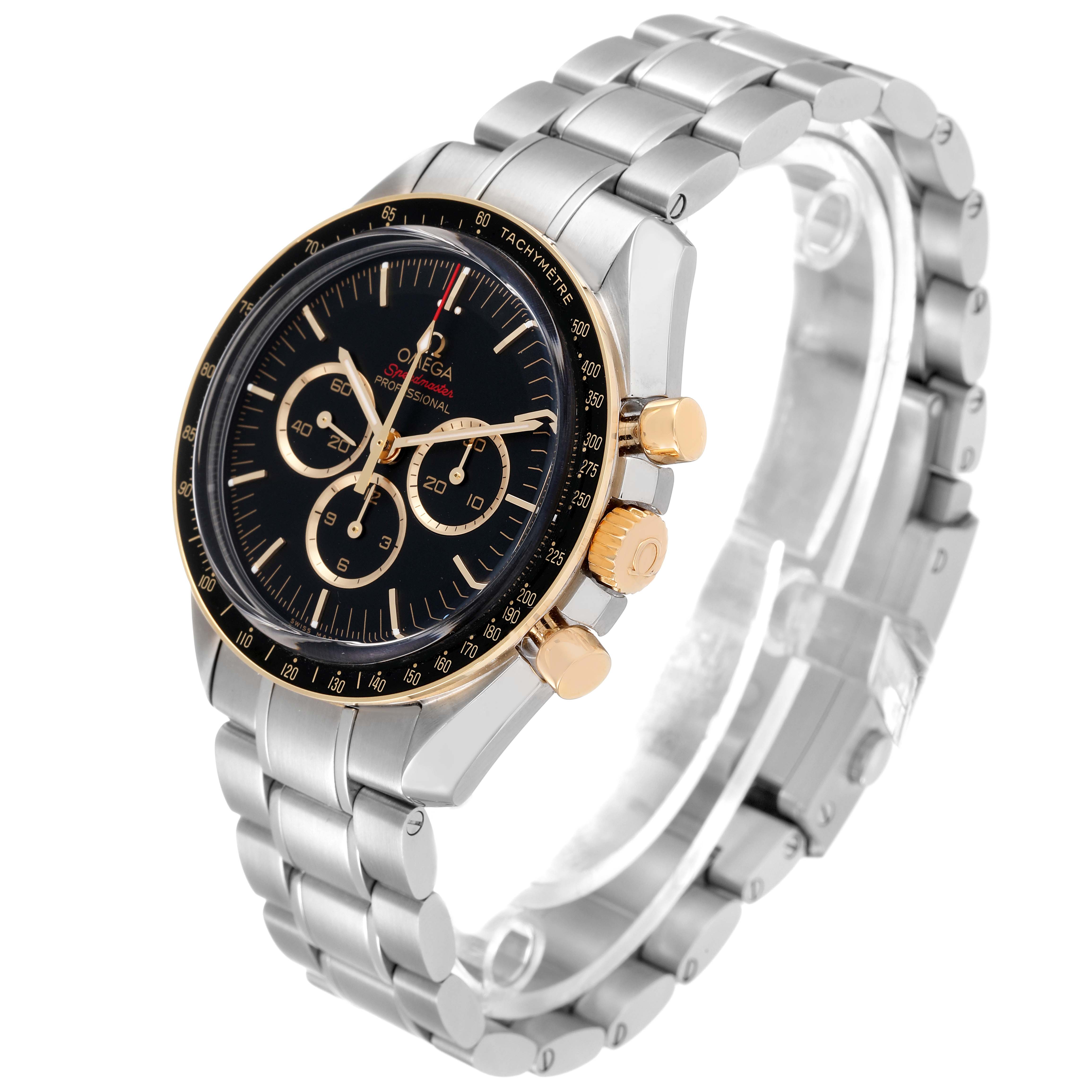 This image shows an Omega Speedmaster 522.20.42.30.01.001 Men
s Steel and Gold (two tone) Black Dial 522.20.42.30.01.001 Men
s Steel and Gold (two tone) Black Dial watch at a slight angle, displaying the face, bezel, crown, and metal bracelet.