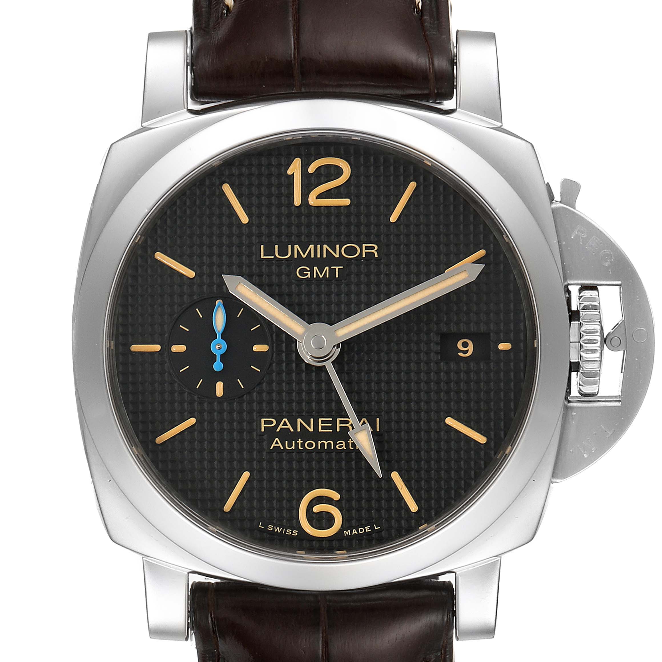 The image shows a front view of a Panerai Luminor PAM01535 Men
s Stainless Steel Black Dial PAM01535 Men
s Stainless Steel Black Dial GMT watch with a leather strap, displaying the dial and crown guard.