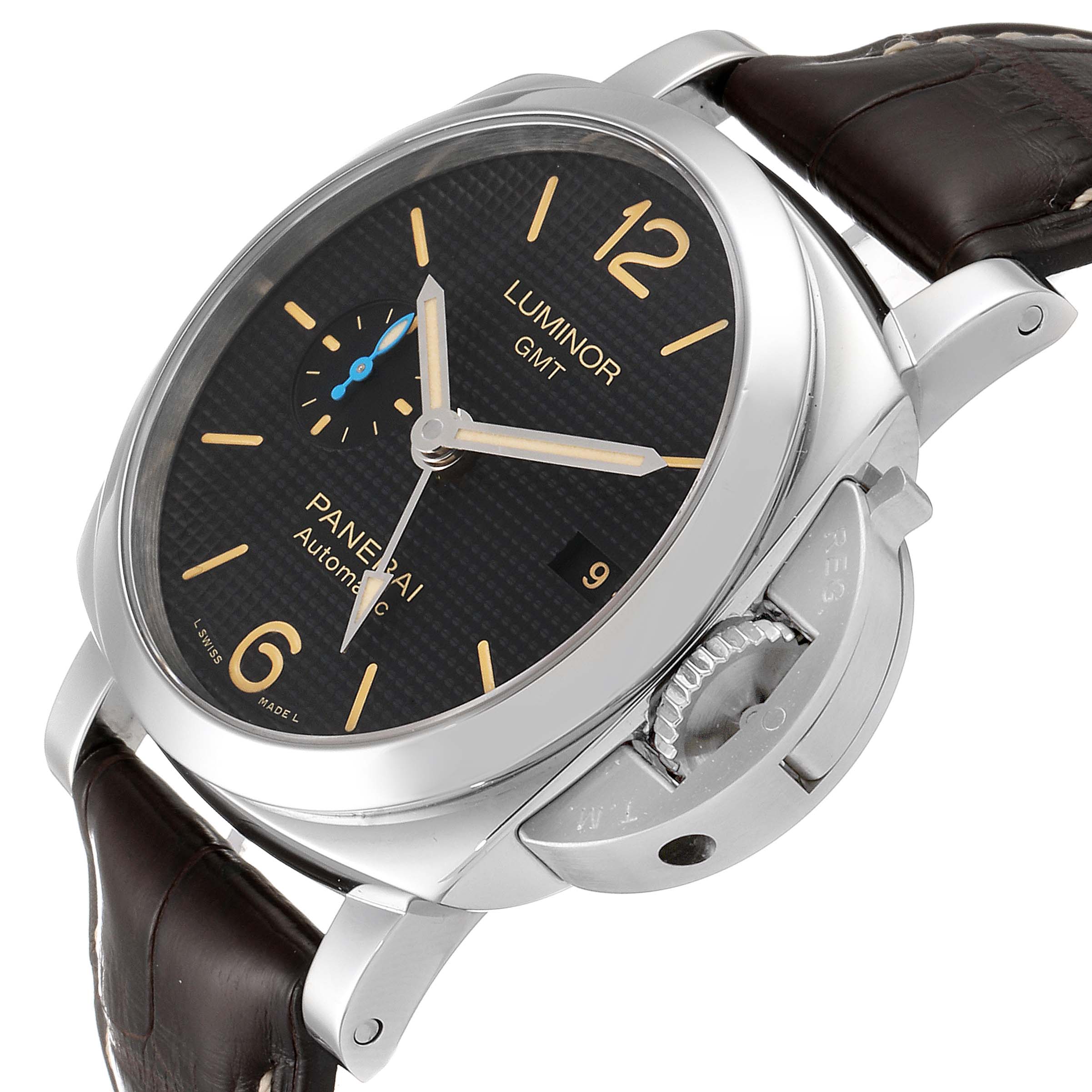 This image shows a top-side angle of the Panerai Luminor PAM01535 Men
s Stainless Steel Black Dial PAM01535 Men
s Stainless Steel Black Dial watch, highlighting the dial, crown guard, and leather strap.