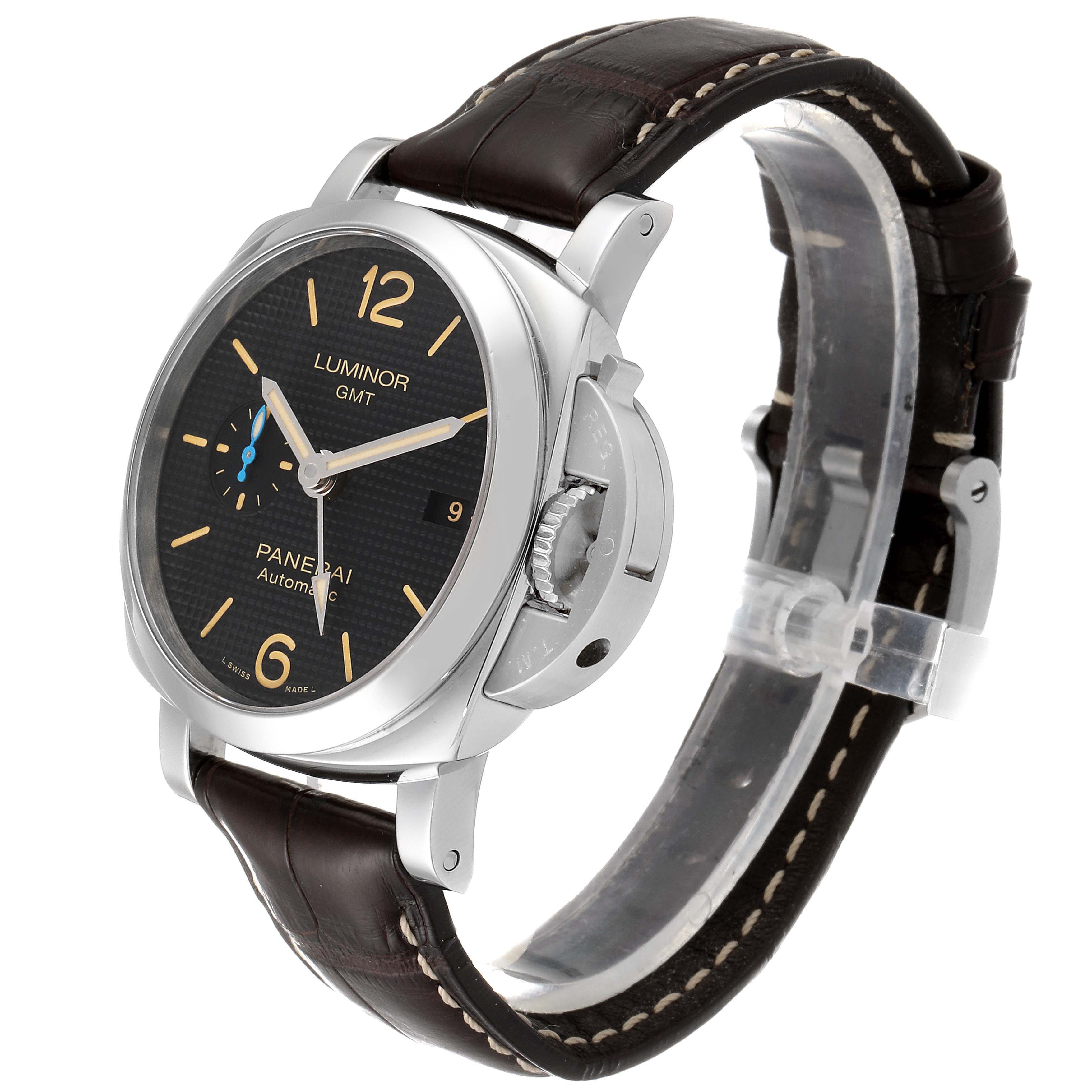 The image shows a Panerai Luminor PAM01535 Men
s Stainless Steel Black Dial PAM01535 Men
s Stainless Steel Black Dial watch at an angled side view, highlighting its face, crown guard, and brown leather strap.