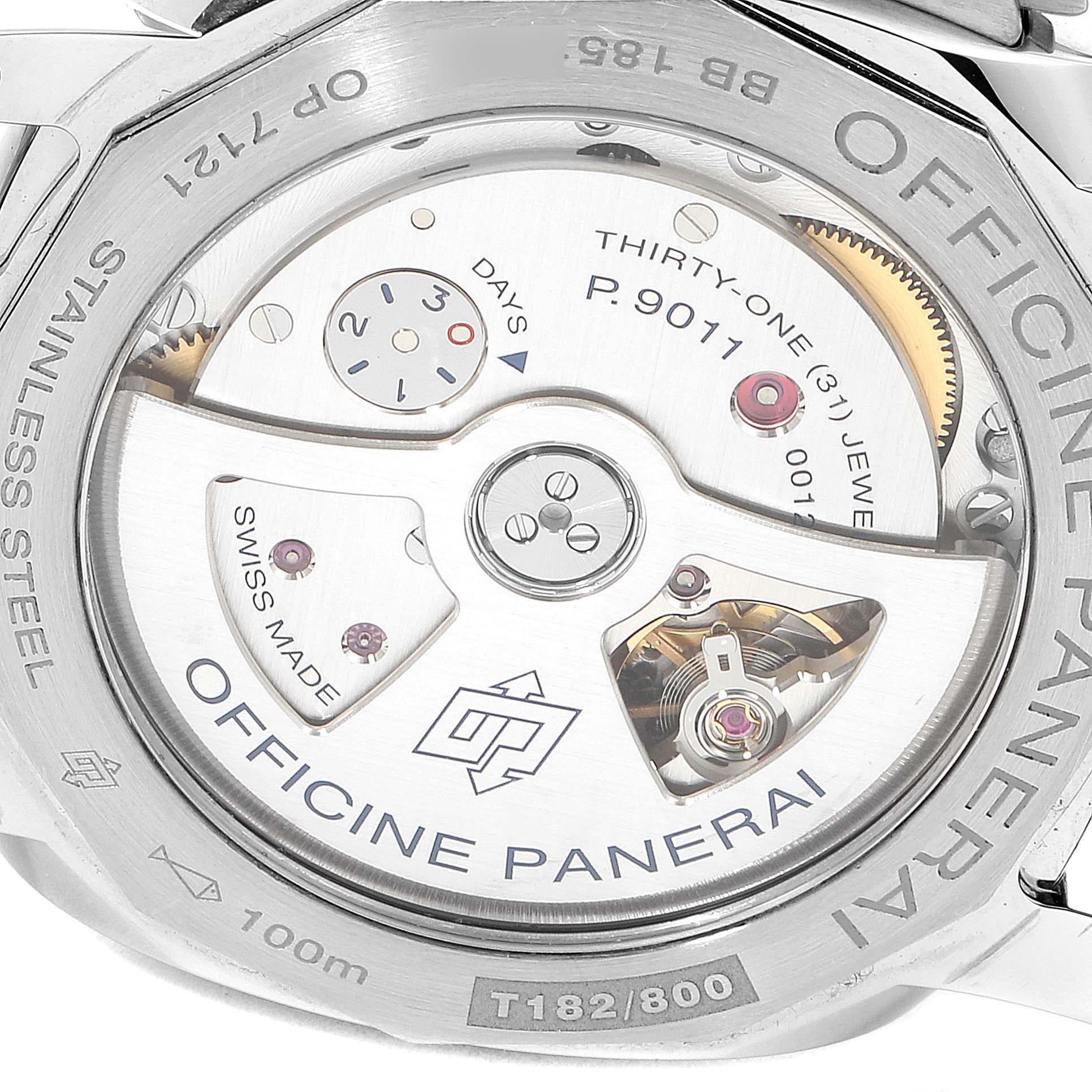 This image shows the back view of the Panerai Luminor PAM01535 Men
s Stainless Steel Black Dial PAM01535 Men
s Stainless Steel Black Dial watch, highlighting its movement and internal components.