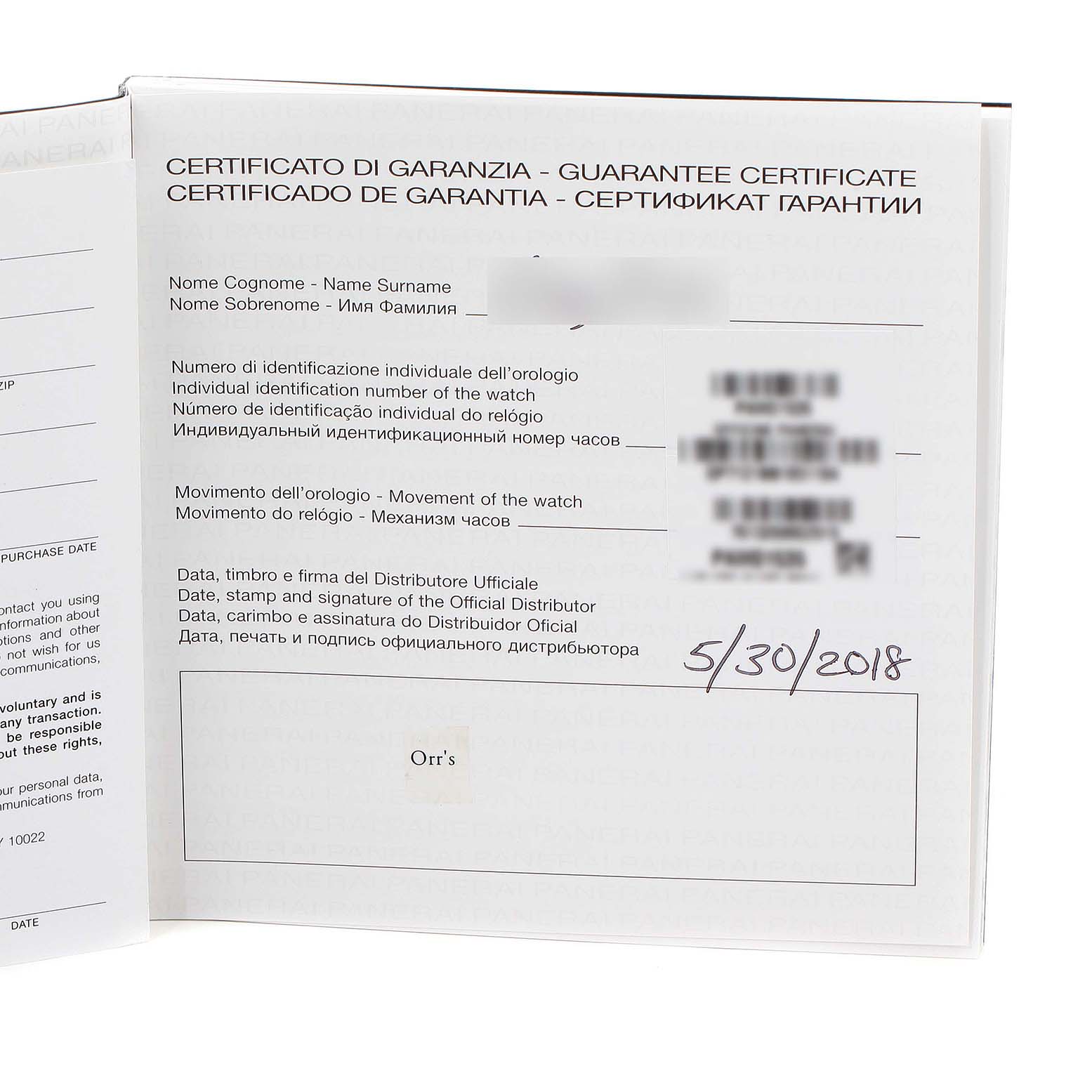 The image shows the guarantee certificate for a Luminor model by Panerai, detailing purchase and identification information.