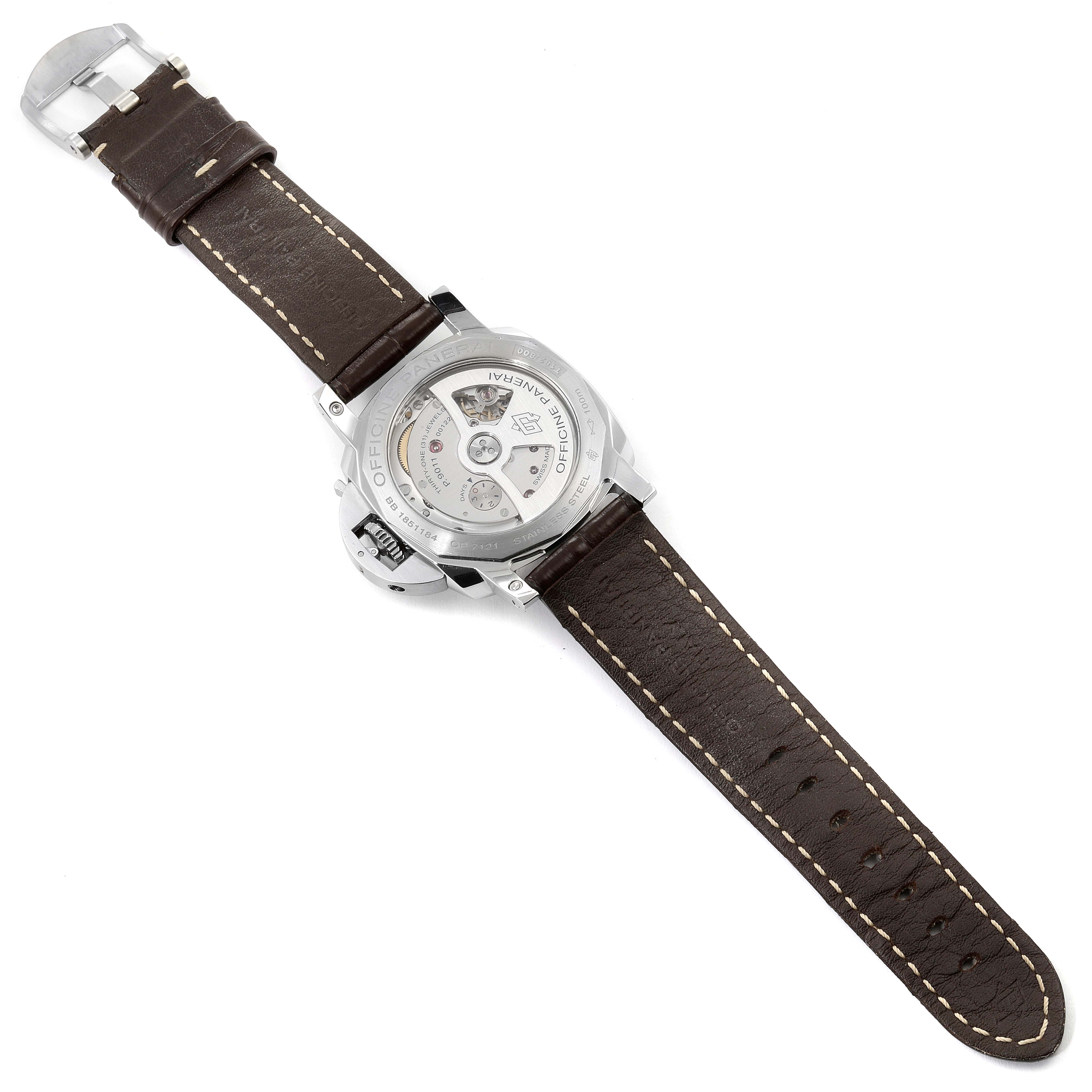 The image shows the back view of a Panerai Luminor PAM01535 Men
s Stainless Steel Black Dial PAM01535 Men
s Stainless Steel Black Dial watch with a visible movement and a brown leather strap.