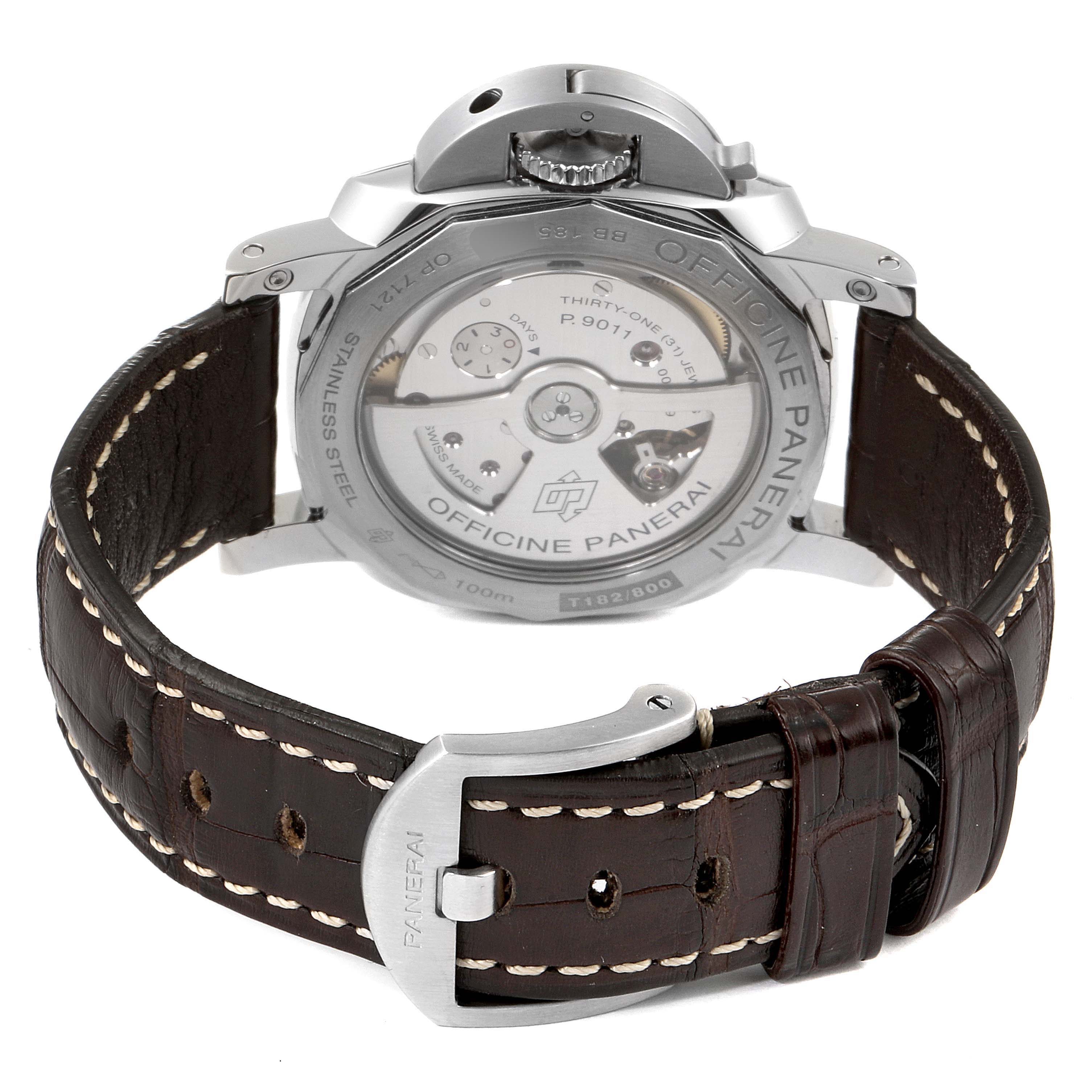 This image shows the back view of the Panerai Luminor PAM01535 Men
s Stainless Steel Black Dial PAM01535 Men
s Stainless Steel Black Dial watch, highlighting its movement and leather strap.