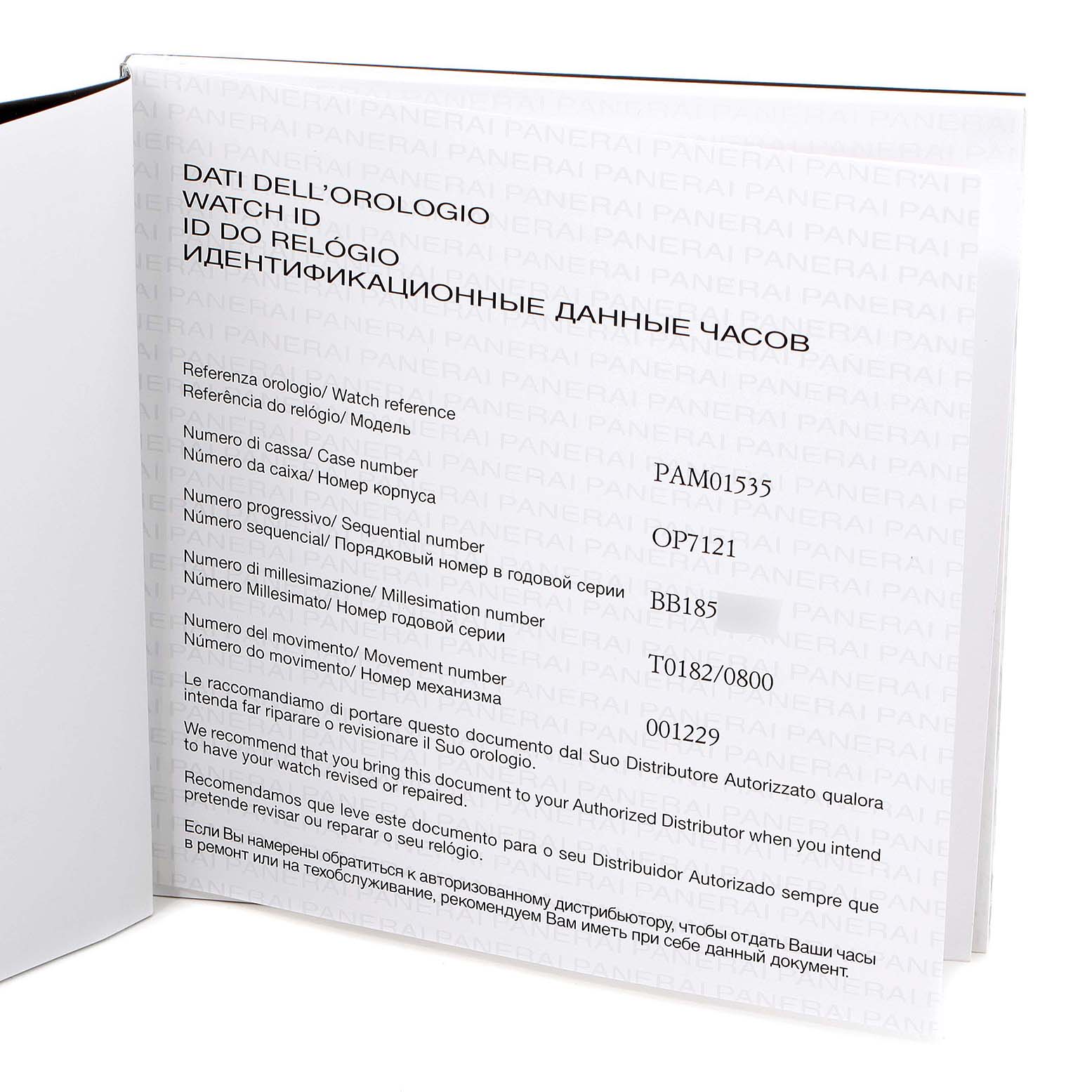 The image shows the warranty booklet and watch identification details for the Panerai Luminor PAM01535 Men
s Stainless Steel Black Dial PAM01535 Men
s Stainless Steel Black Dial model.