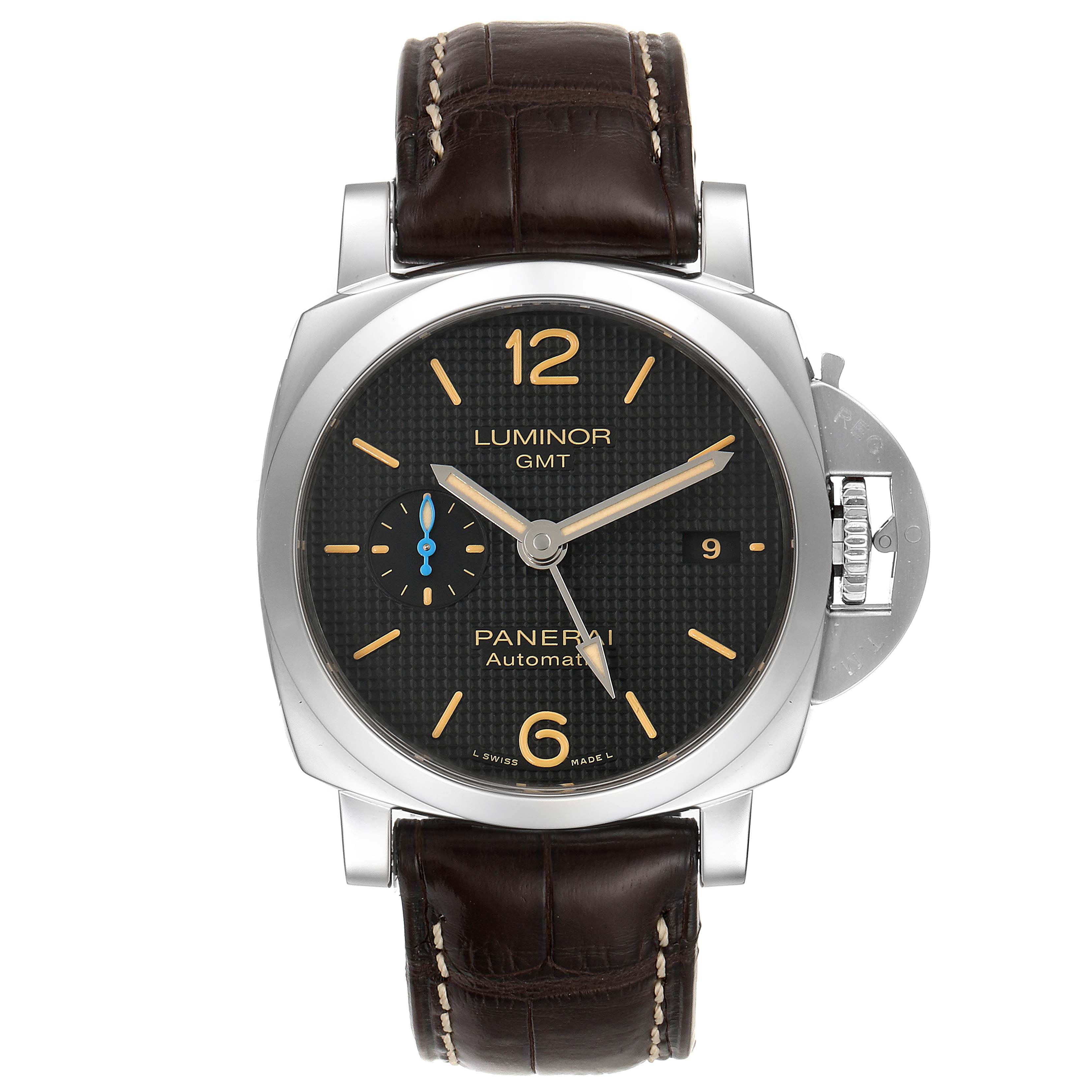 The image shows a front view of the Panerai Luminor PAM01535 Men
s Stainless Steel Black Dial PAM01535 Men
s Stainless Steel Black Dial model watch, featuring its dial, case, and leather strap.