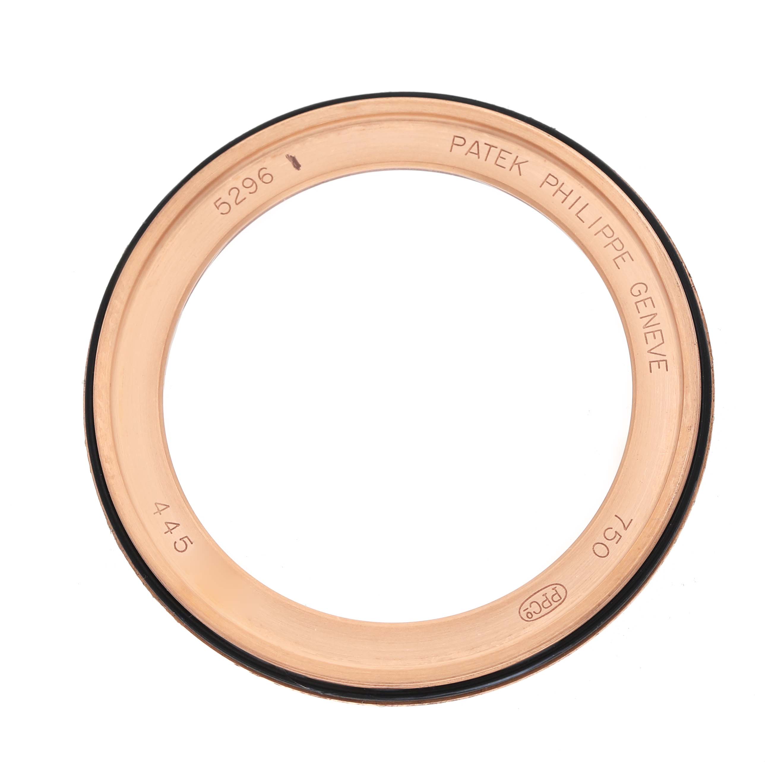 This image shows the bezel of a Patek Philippe Calatrava 5296R-001 Men's Rose Gold Silver Dial watch from a top-down angle.