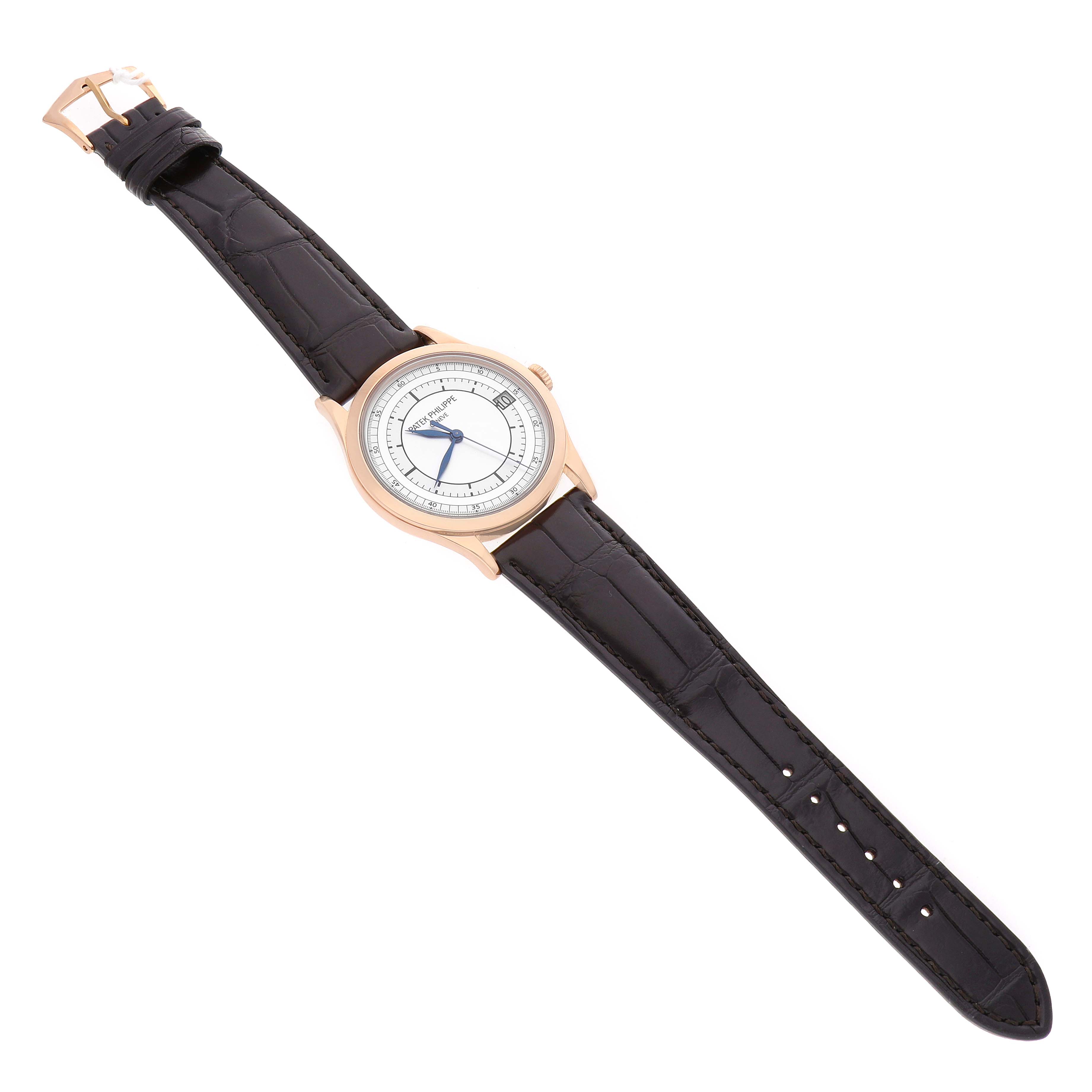 The Patek Philippe Calatrava 5296R-001 Men's Rose Gold Silver Dial watch is shown from a top-down angle, displaying the face, leather strap, and buckle.