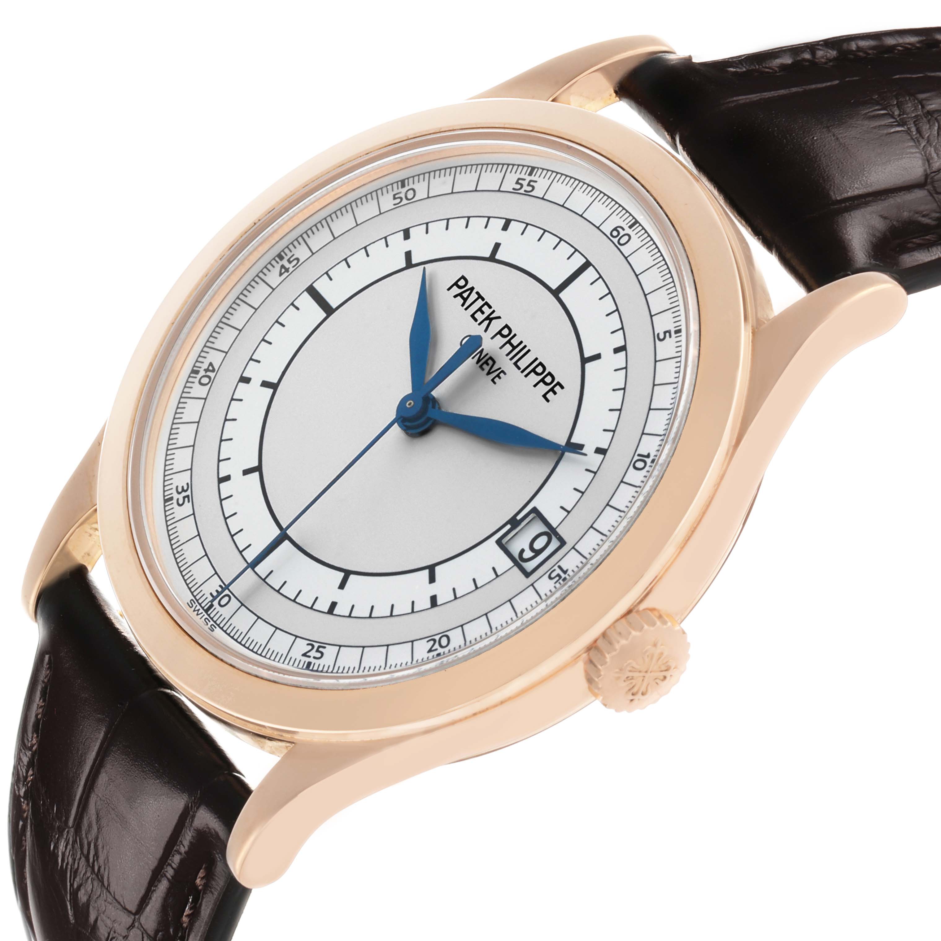 The Patek Philippe Calatrava 5296R-001 Men's Rose Gold Silver Dial watch is shown at an angled view highlighting the dial, hands, case, crown, and part of the leather strap.