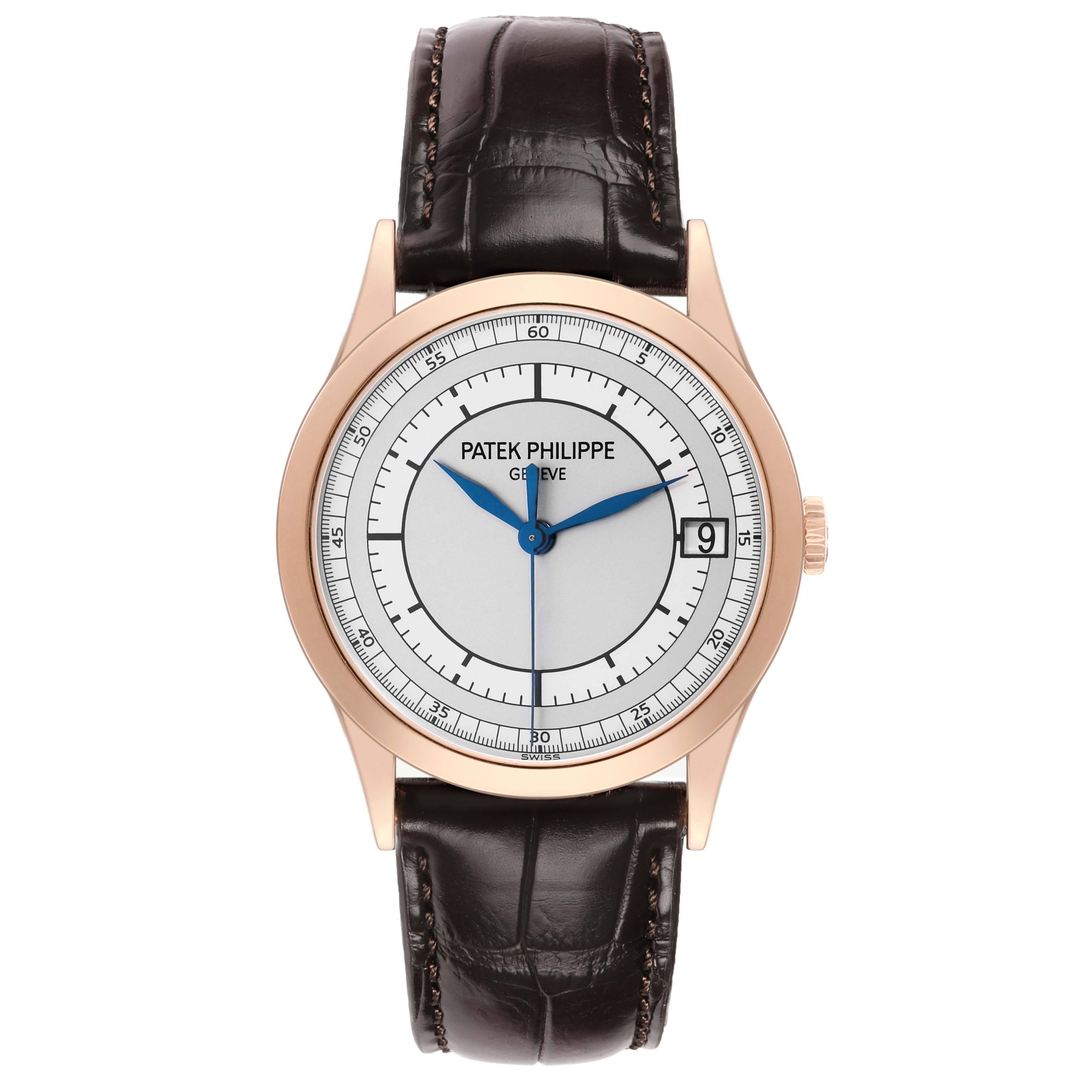 The Patek Philippe Calatrava 5296R-001 Men's Rose Gold Silver Dial watch is shown from a complete frontal view, highlighting the dial, hands, case, and leather strap.