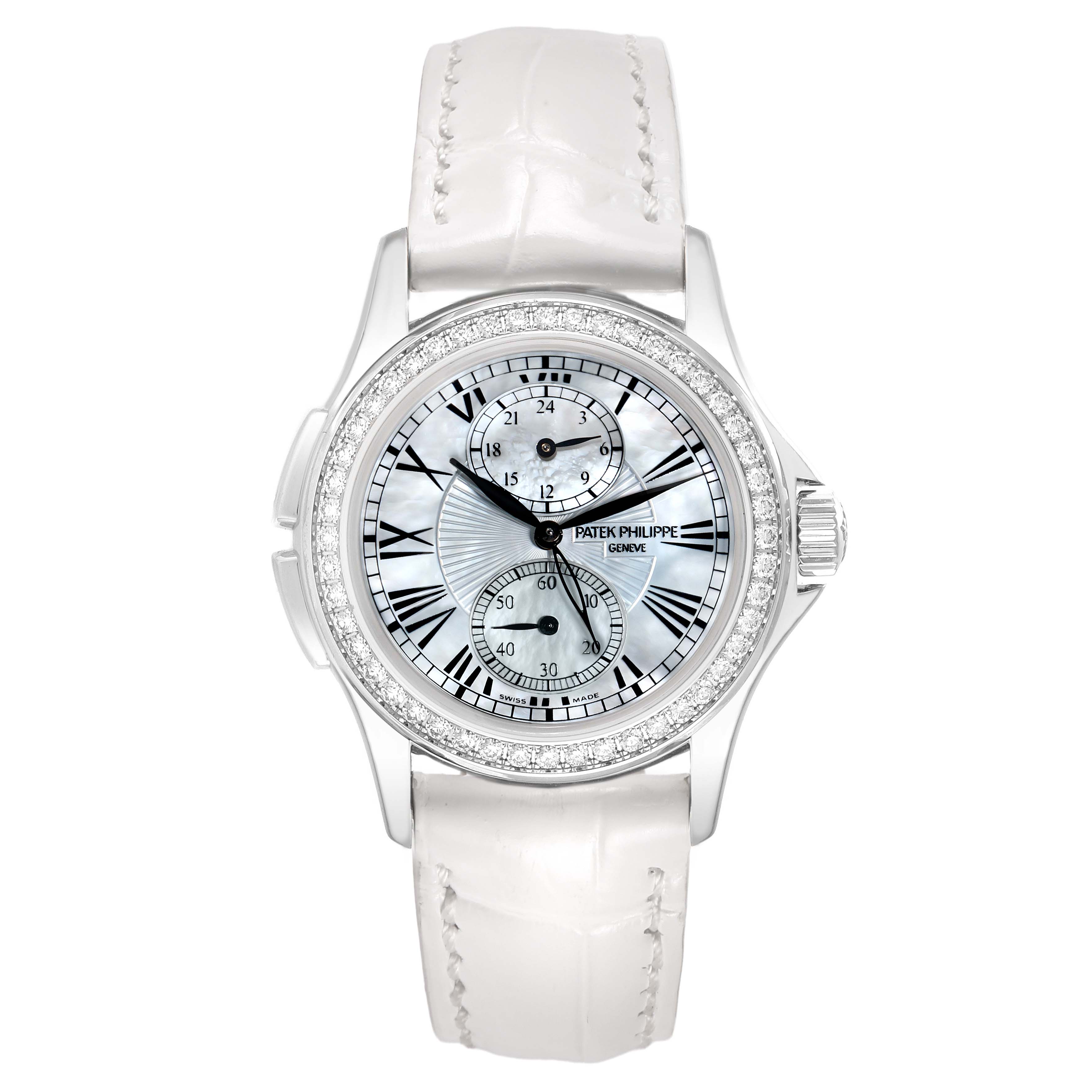 The Patek Philippe Calatrava 4934G-001 Women's White Gold Mother of Pearl Dial watch is shown from the front, displaying its dial, bezel, and leather strap.