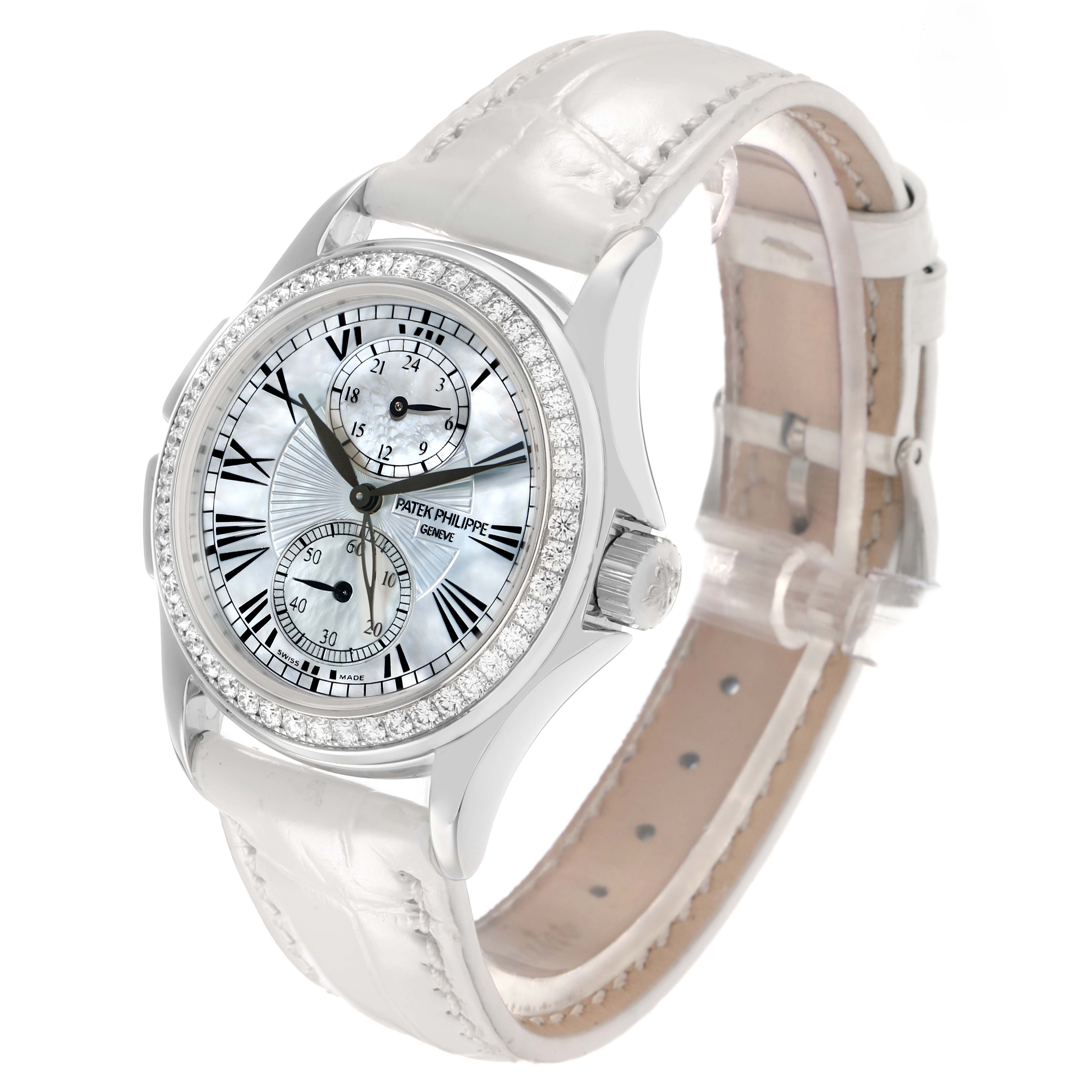 The Patek Philippe Calatrava 4934G-001 Women's White Gold Mother of Pearl Dial watch is shown at a three-quarter angle, highlighting the dial, crown, and part of the strap.