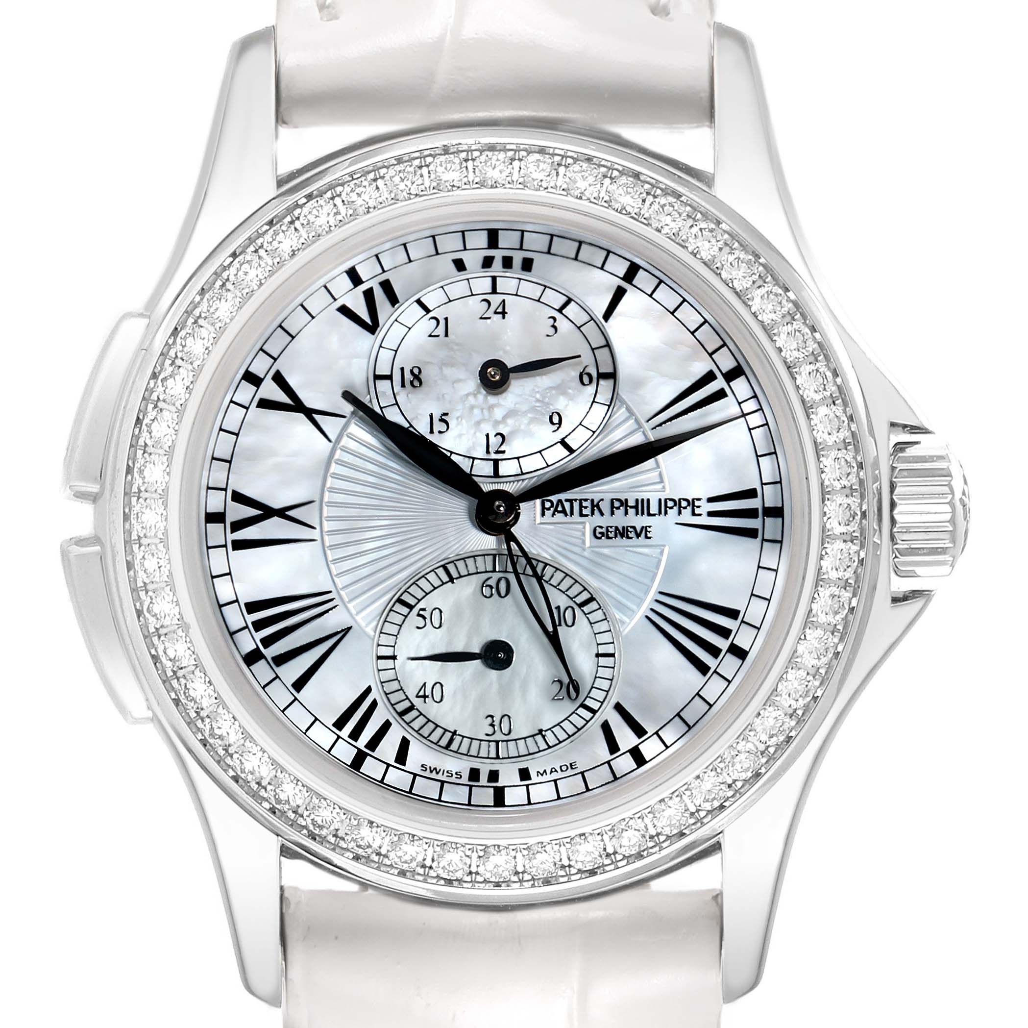 The Patek Philippe Calatrava 4934G-001 Women's White Gold Mother of Pearl Dial watch is shown from the front, displaying the dial, bezel, and part of the strap.