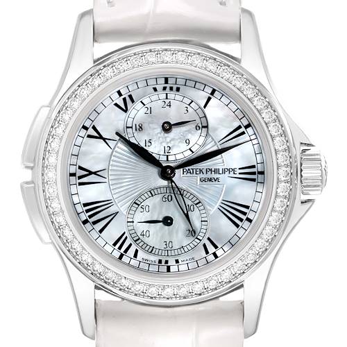 The Patek Philippe Calatrava 4934G-001 Women's White Gold Mother of Pearl Dial watch is shown from the front, displaying its face, Roman numerals, sub-dials, and diamond bezel.