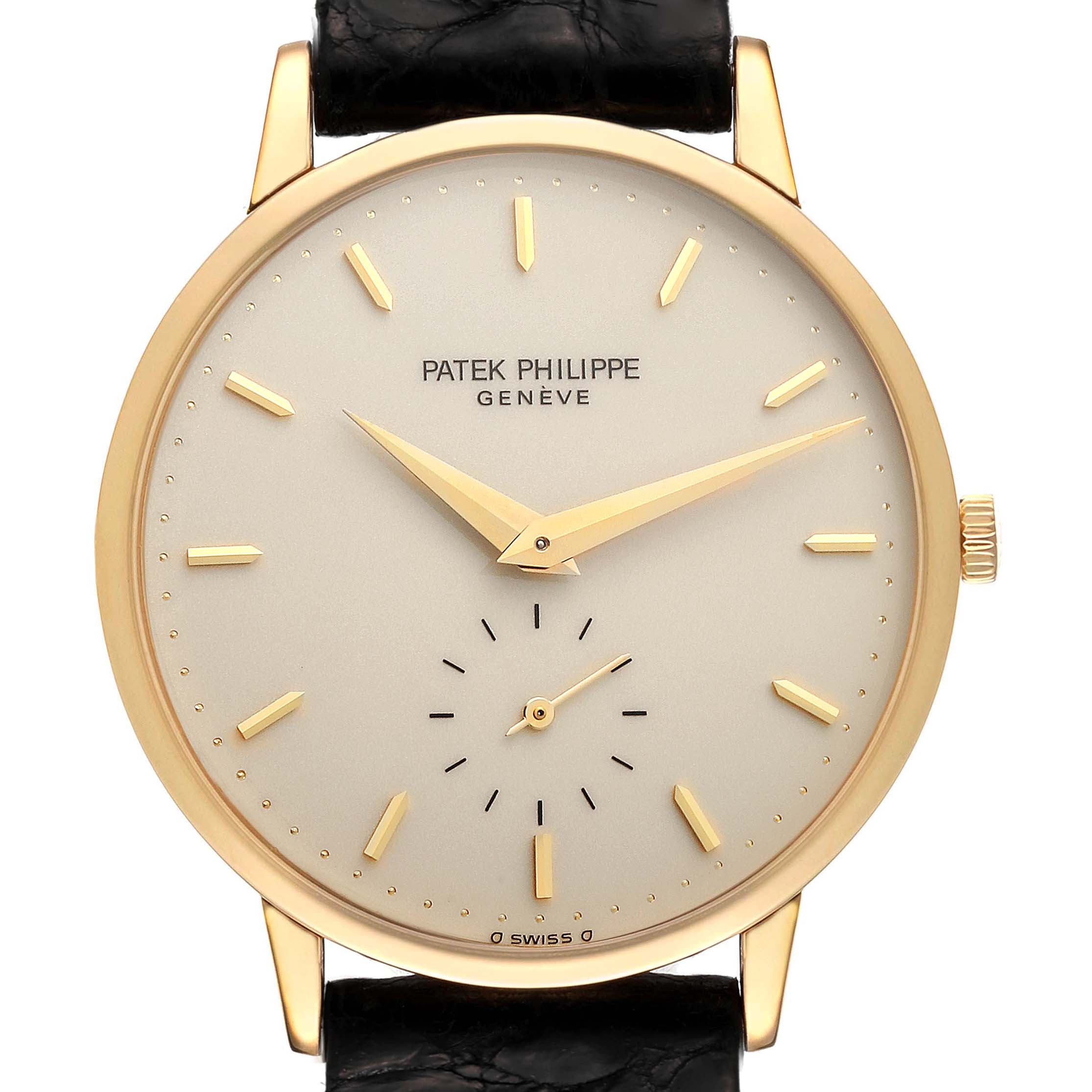 The image shows a front view of a Calatrava model by Patek Philippe, highlighting its gold case, dial, and black leather strap.