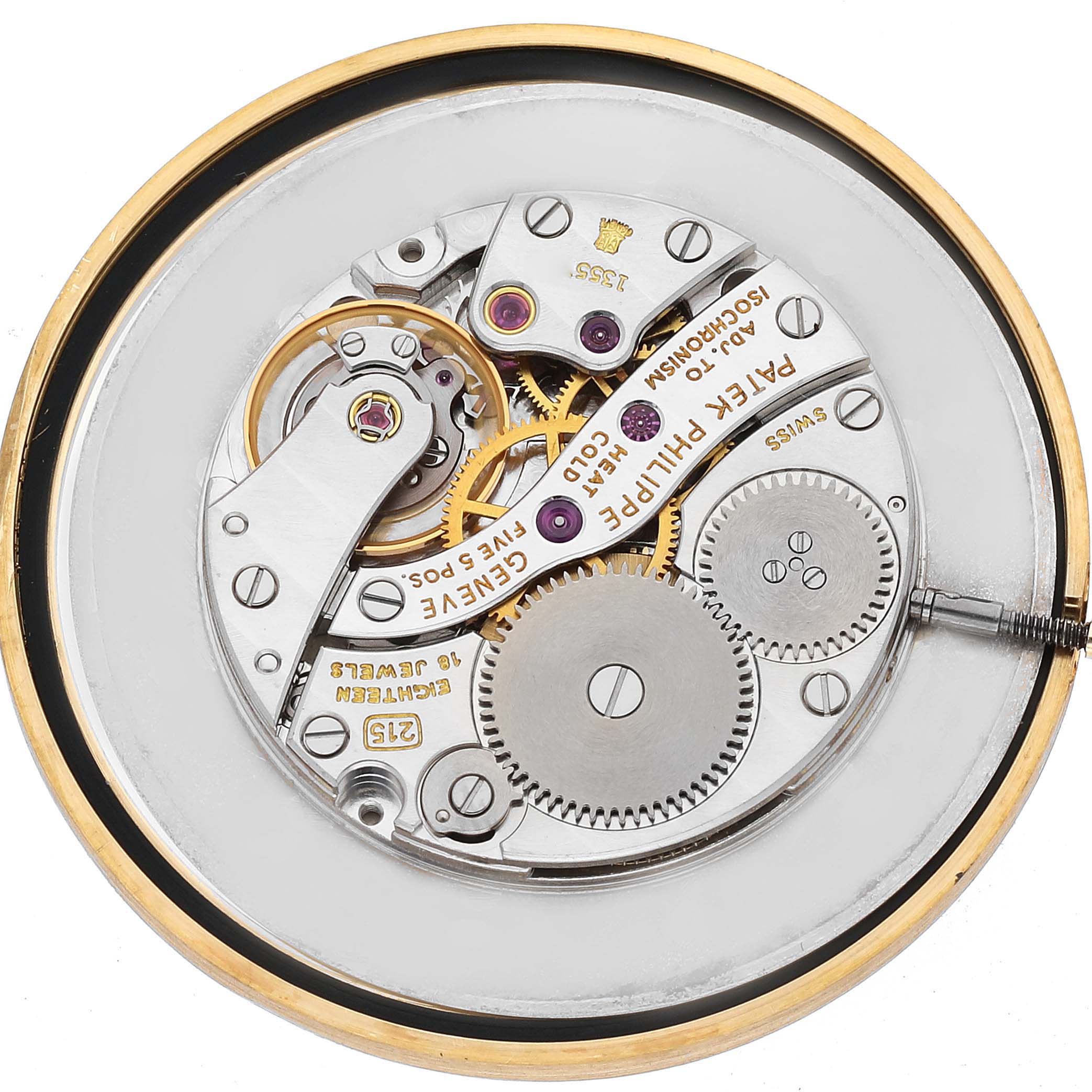 The image shows the intricate internal mechanical movement of a Patek Philippe Calatrava 3893J Men
s Yellow Gold White Dial 3893J Men
s Yellow Gold White Dial watch viewed from the back.