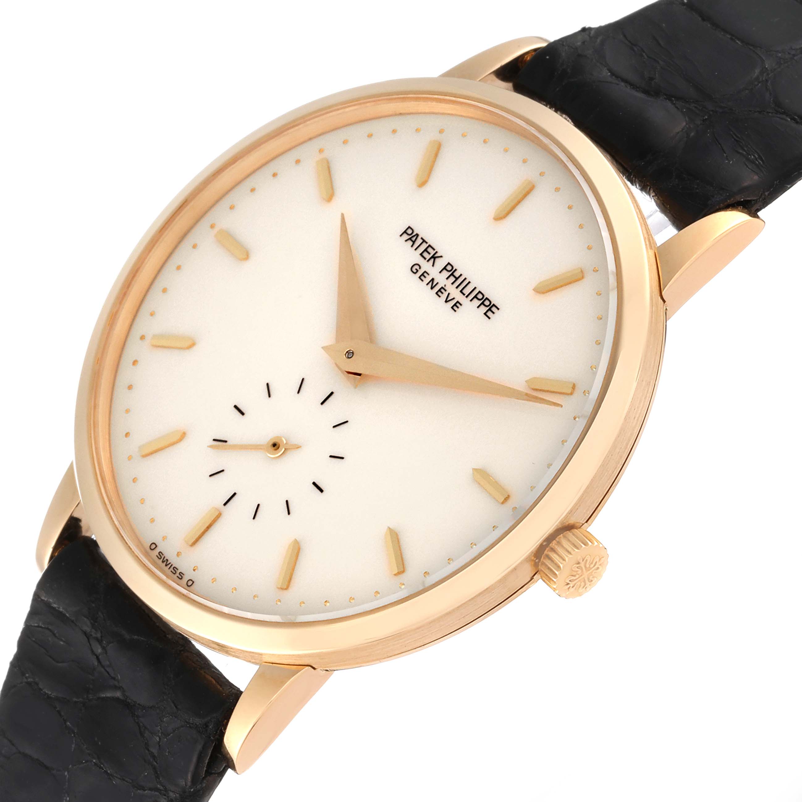 The image shows a Patek Philippe Calatrava 3893J Men
s Yellow Gold White Dial 3893J Men
s Yellow Gold White Dial watch angled slightly to the left, highlighting the face, hands, crown, and strap.