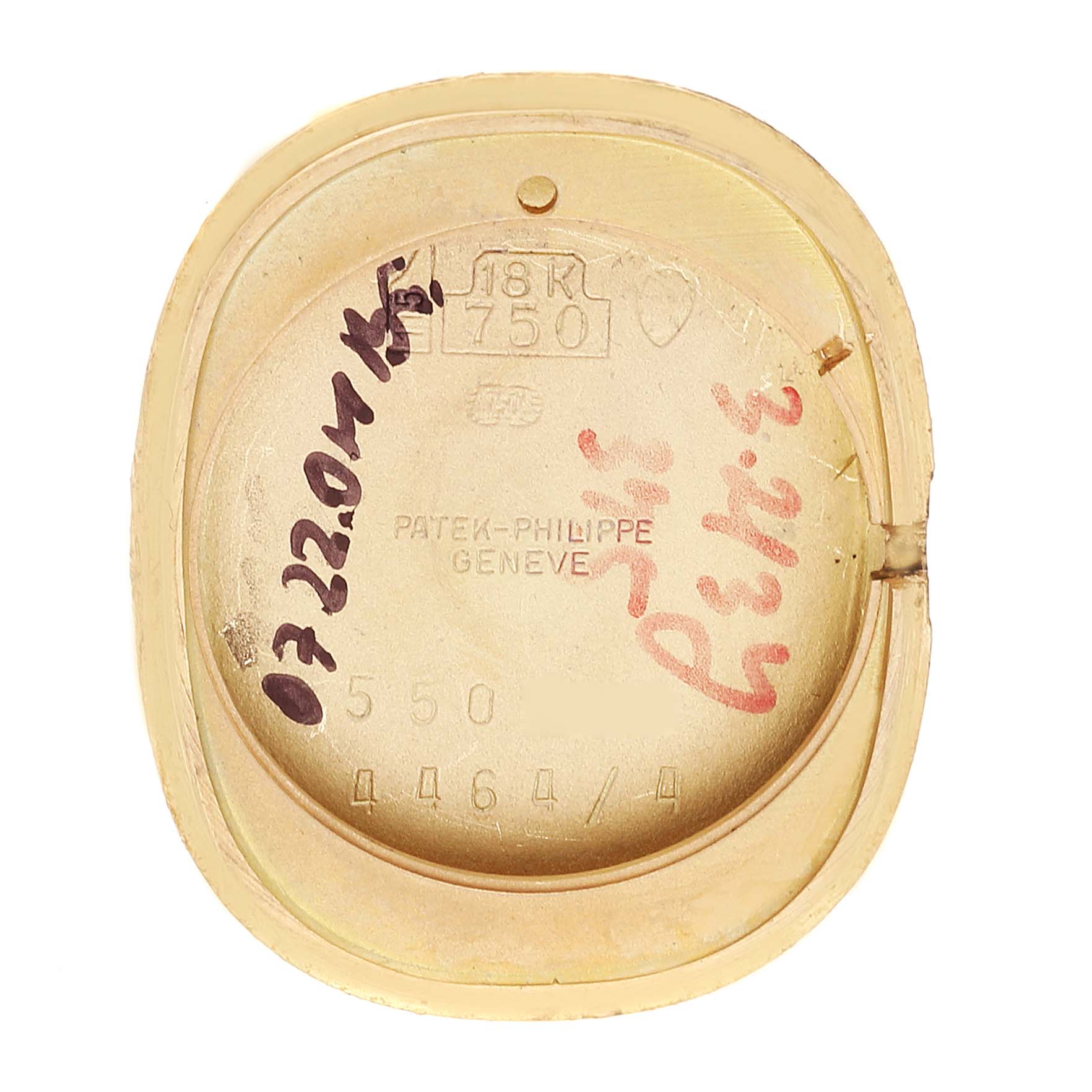The image shows the inside case back of a Patek Philippe Golden Ellipse 4464/4 Women's Yellow Gold Blue Dial 4464/4 Women's Yellow Gold Blue Dial watch, displaying hallmarks and inscriptions.