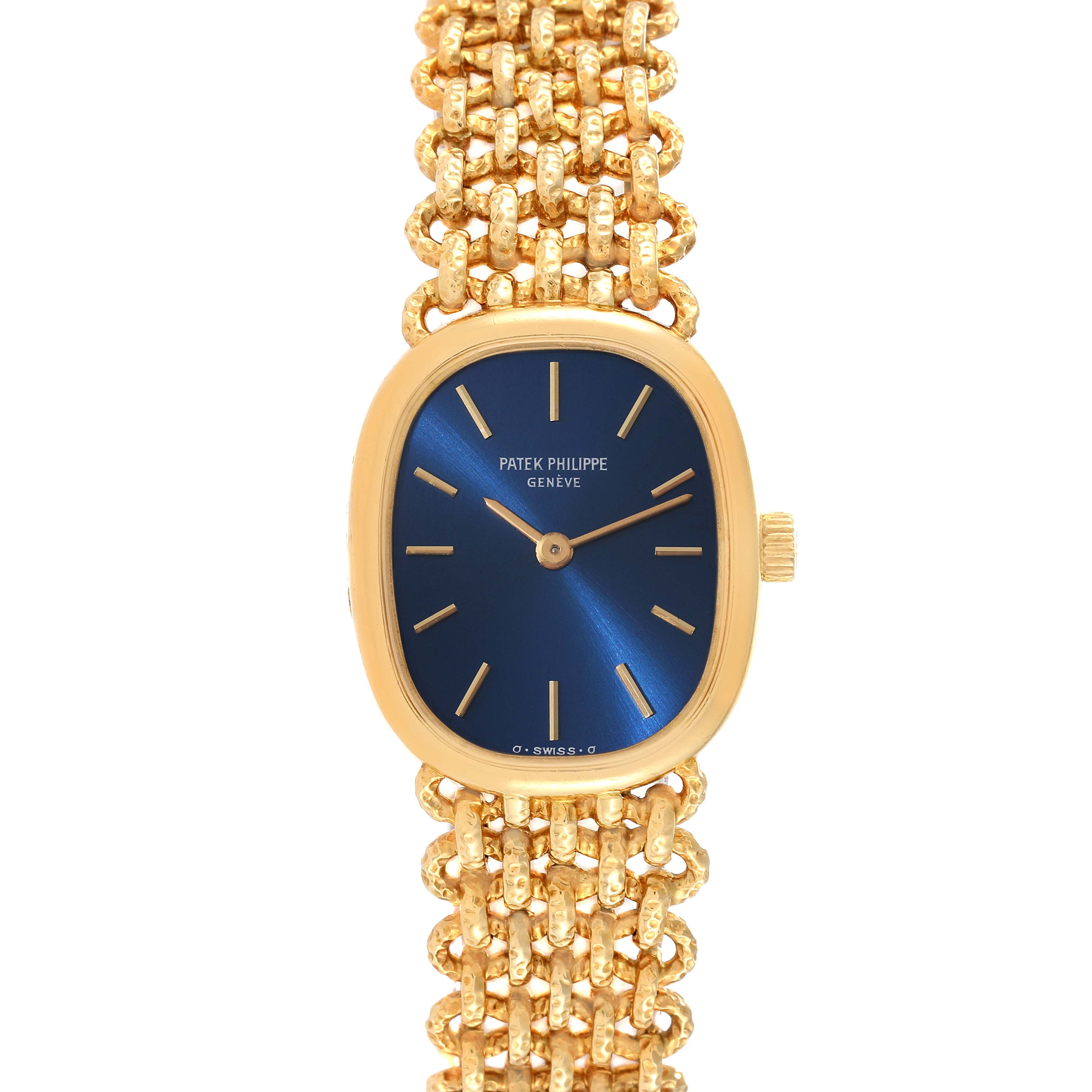 The image shows a front view of the Patek Philippe Golden Ellipse 4464/4 Women's Yellow Gold Blue Dial 4464/4 Women's Yellow Gold Blue Dial watch, featuring its blue dial and gold bracelet.