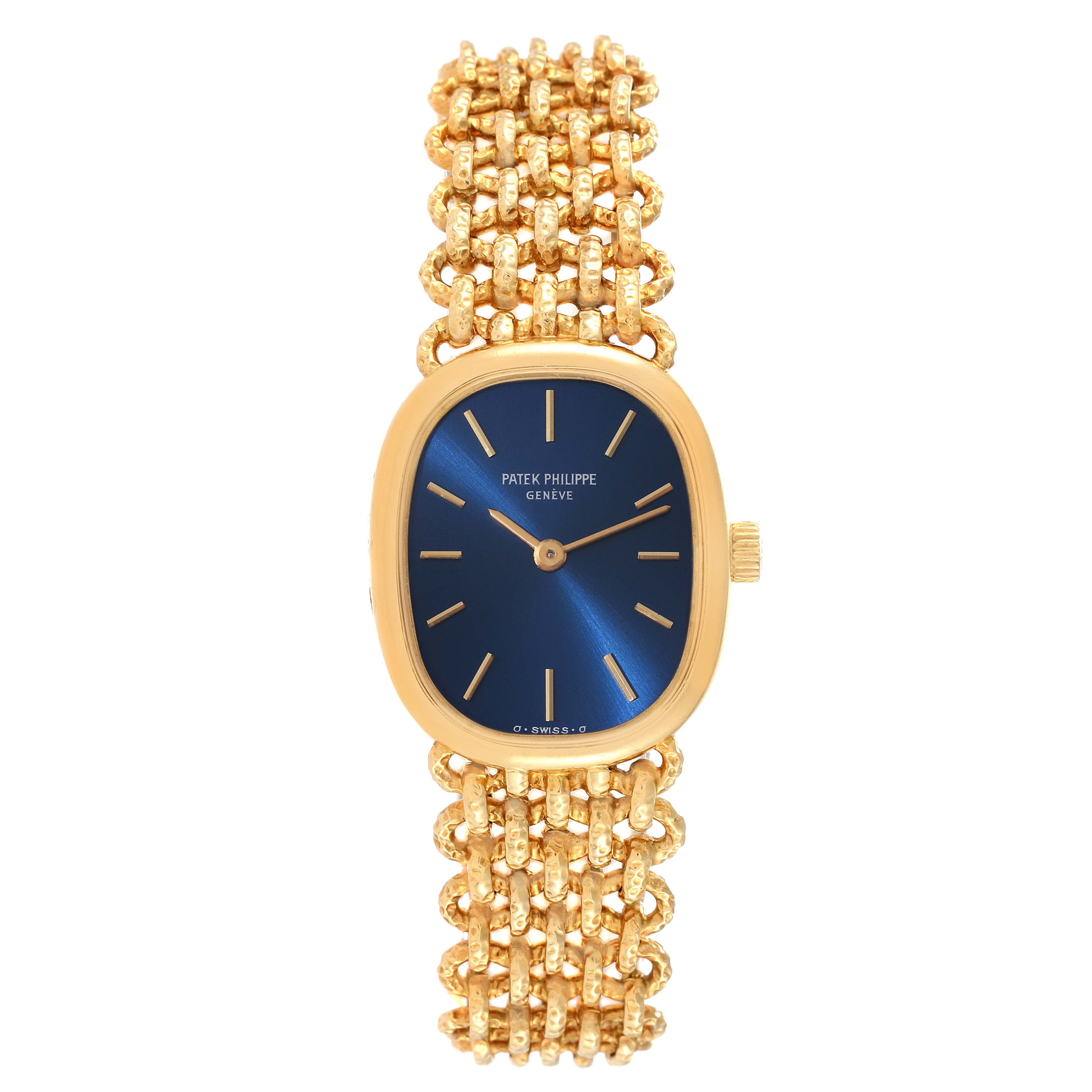 The image shows a frontal view of the Patek Philippe Golden Ellipse 4464/4 Women's Yellow Gold Blue Dial 4464/4 Women's Yellow Gold Blue Dial watch with a blue dial and intricate gold bracelet.