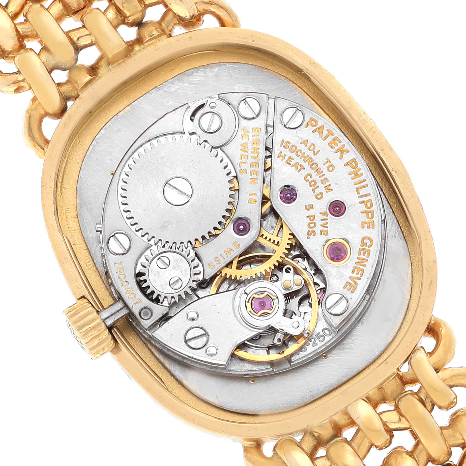 This image shows a close-up of the movement and inner mechanism of the Patek Philippe Golden Ellipse 4464/4 Women's Yellow Gold Blue Dial 4464/4 Women's Yellow Gold Blue Dial watch.