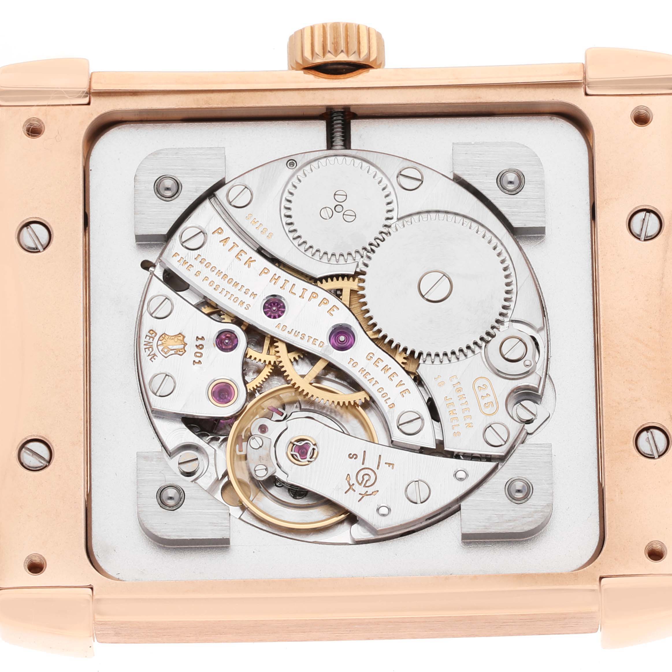 This image shows the movement and inner mechanism of the Patek Philippe Gondolo 5111R Men's Rose Gold Silver Dial 5111R Men's Rose Gold Silver Dial watch, viewed from the back.