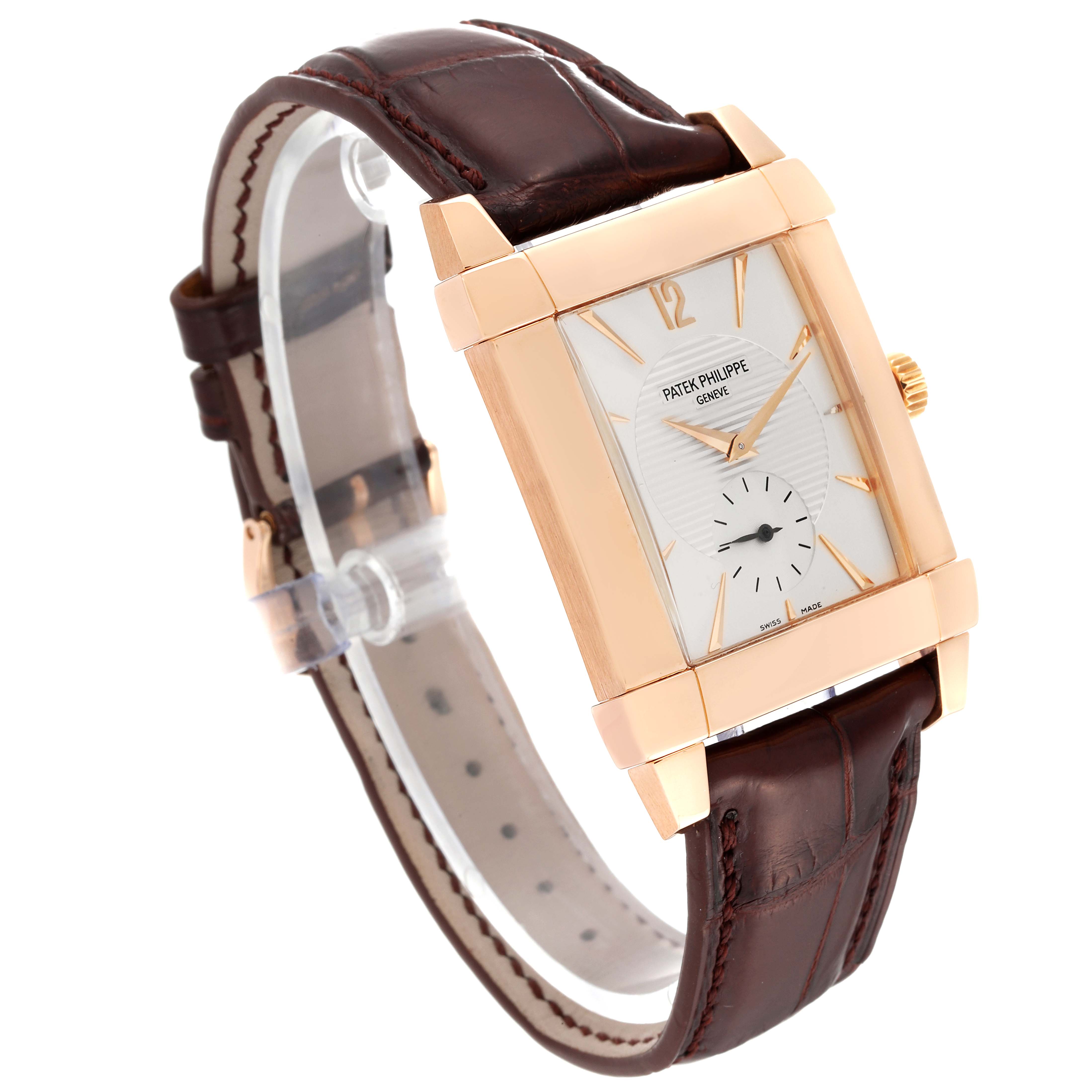 The image shows a Patek Philippe Gondolo 5111R Men's Rose Gold Silver Dial 5111R Men's Rose Gold Silver Dial watch at a slight angle, highlighting its rectangular case, white dial, gold markers, and brown leather strap.
