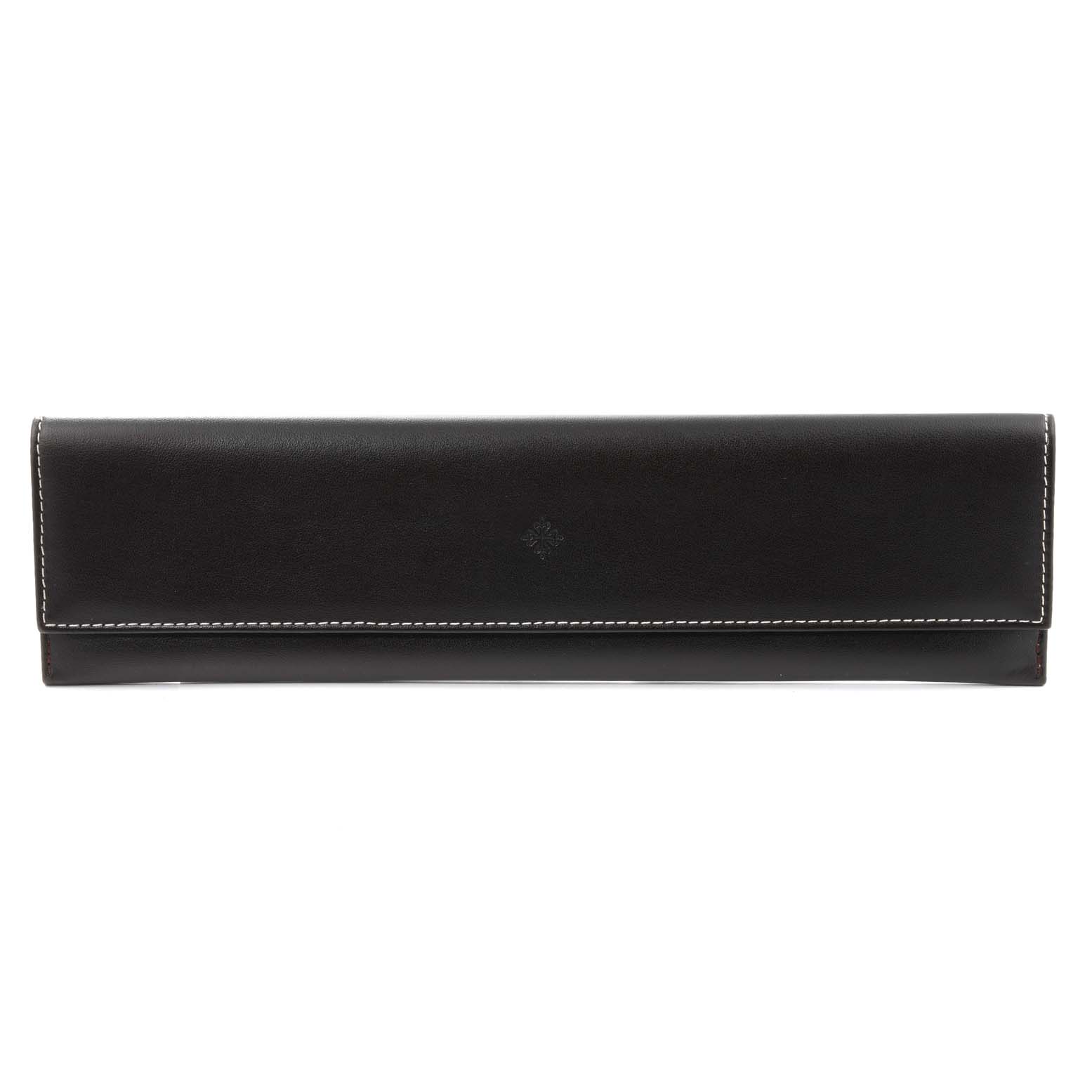 This image shows a closed black leather pouch, presumably an accessory for the Gondolo model by Patek Philippe, with white stitching.