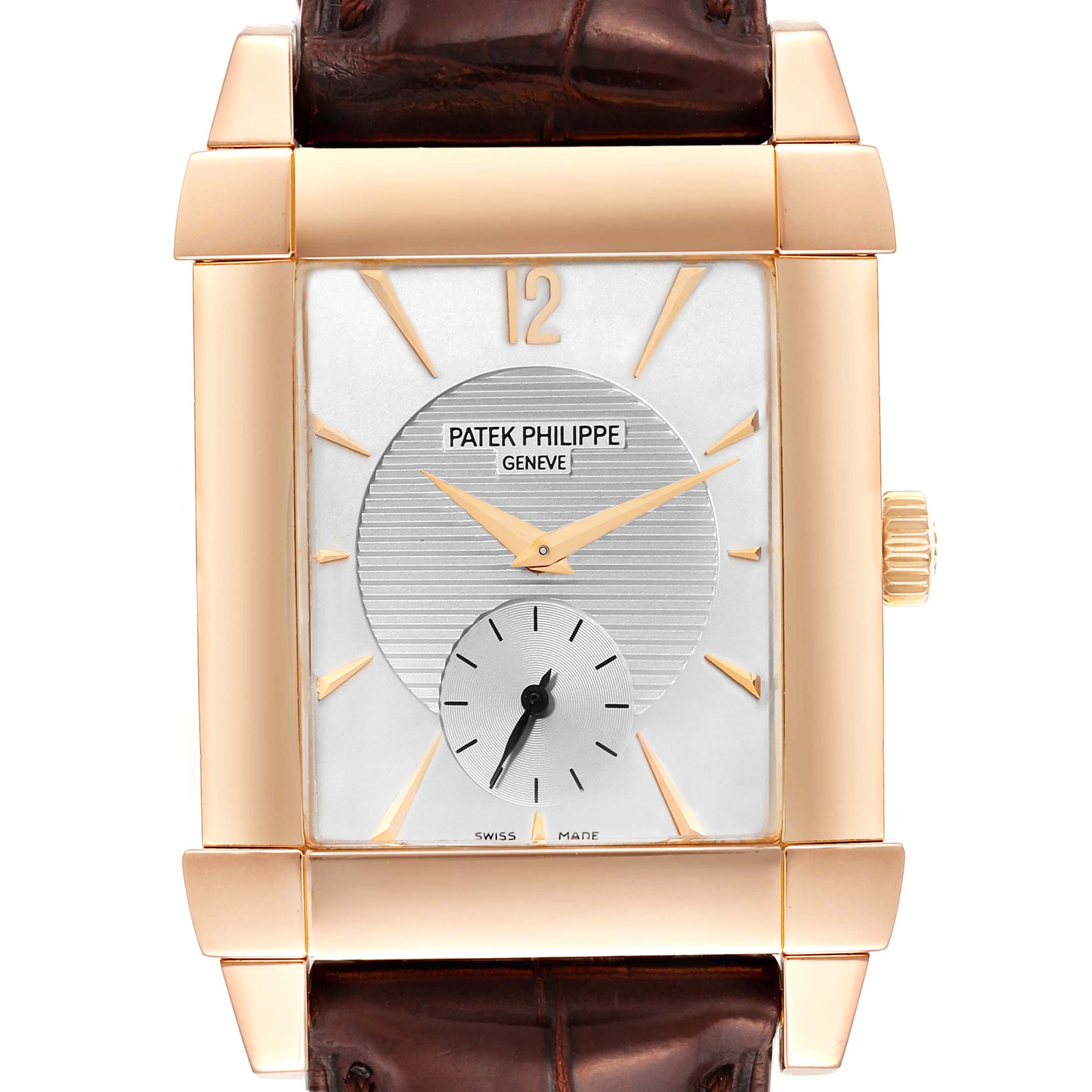 The Patek Philippe Gondolo 5111R Men's Rose Gold Silver Dial 5111R Men's Rose Gold Silver Dial watch is shown from the front, highlighting its rectangular dial and gold casing.