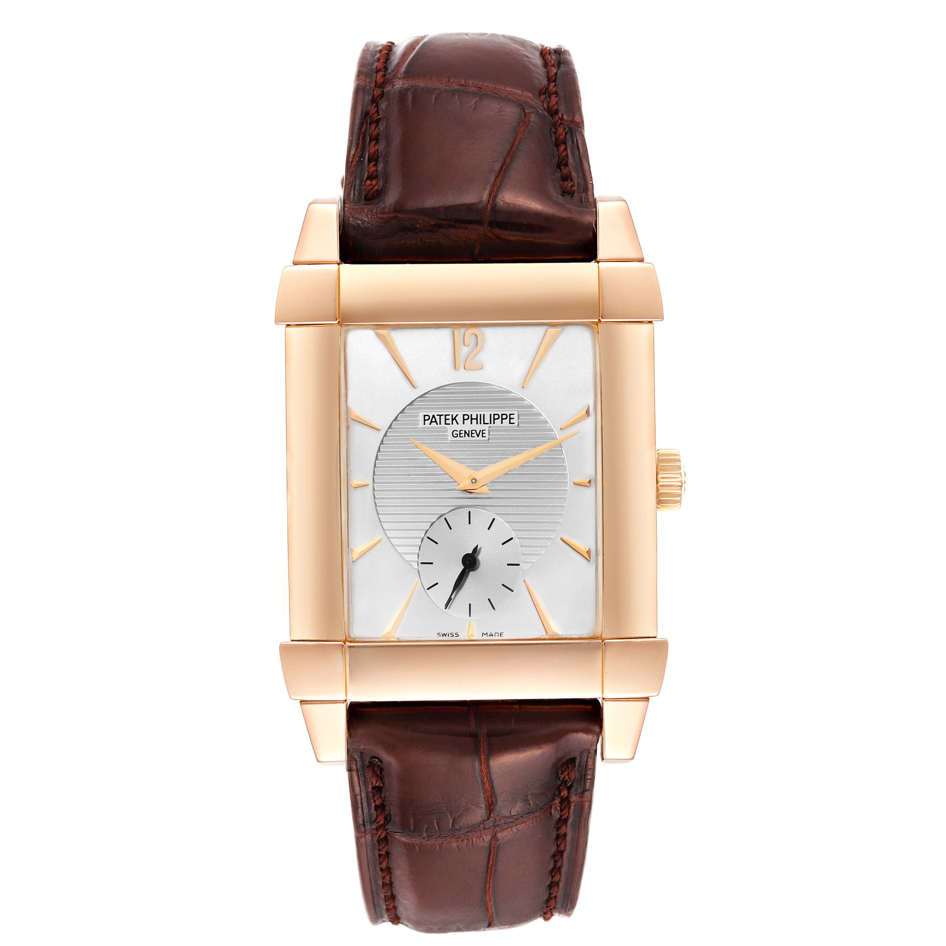 The image shows a front view of the Patek Philippe Gondolo 5111R Men's Rose Gold Silver Dial 5111R Men's Rose Gold Silver Dial watch, highlighting its rectangular gold case and brown leather strap.