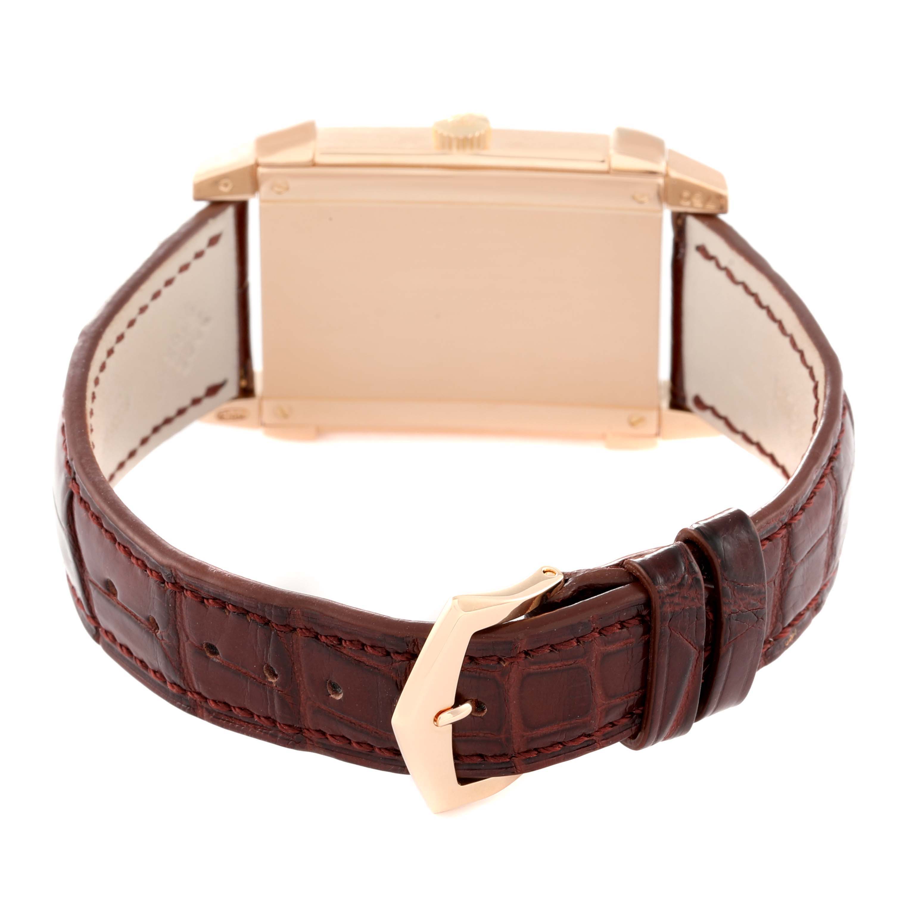 The image shows the back and side view of the Patek Philippe Gondolo 5111R Men's Rose Gold Silver Dial 5111R Men's Rose Gold Silver Dial watch, including the case, crown, and leather strap with clasp.