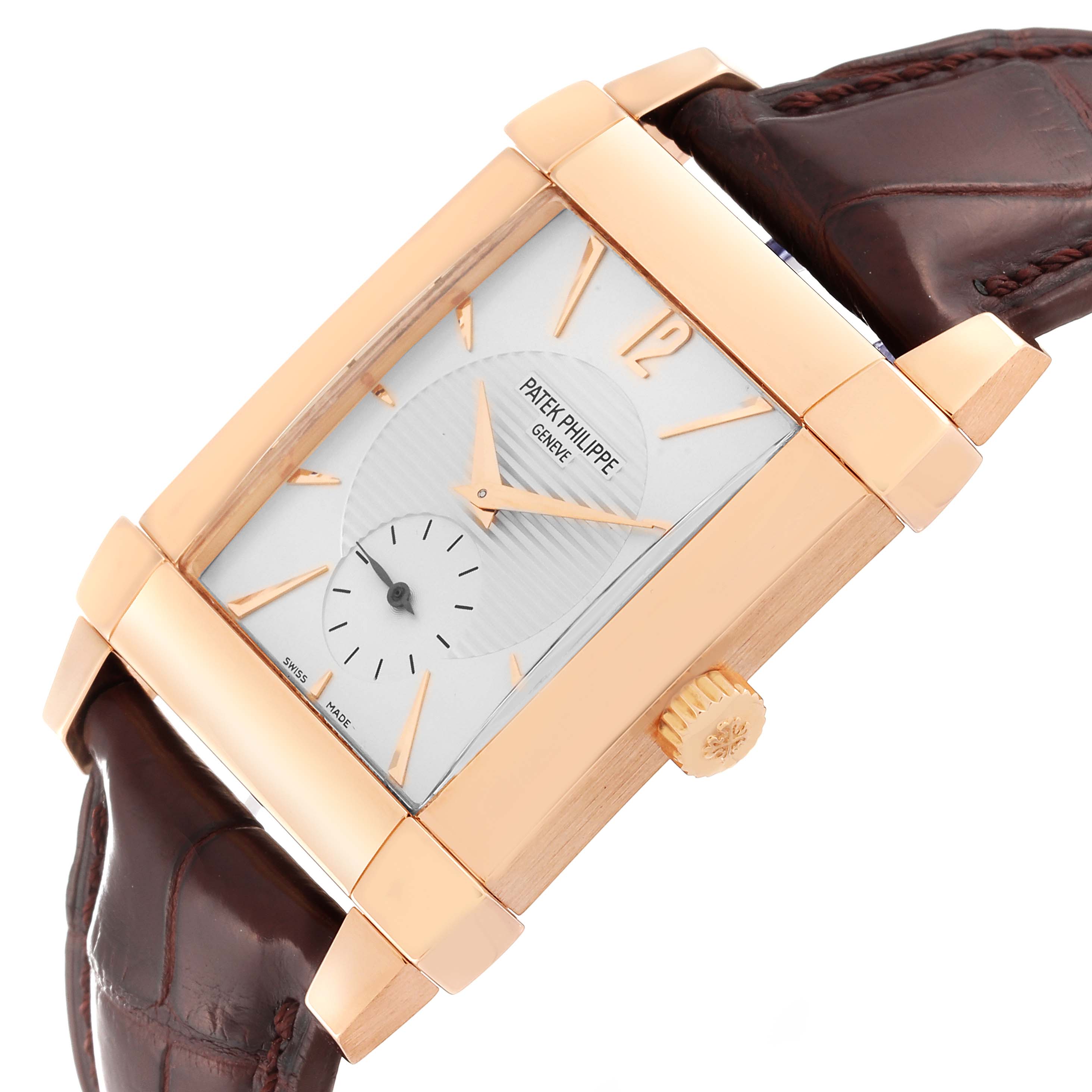 The image shows a Patek Philippe Gondolo 5111R Men's Rose Gold Silver Dial 5111R Men's Rose Gold Silver Dial watch at an angled view, displaying the dial, crown, and part of the leather strap.