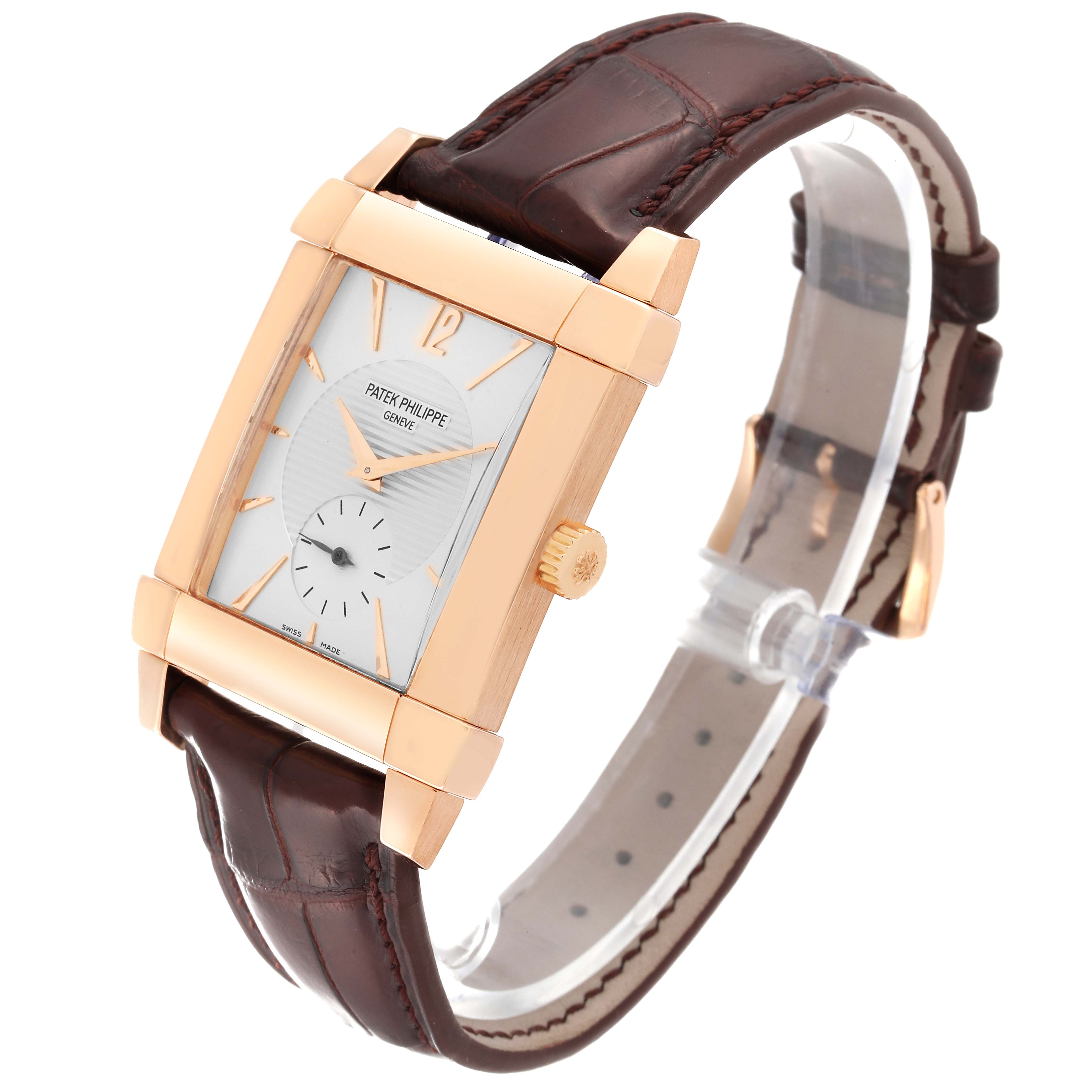 The image shows a Patek Philippe Gondolo 5111R Men's Rose Gold Silver Dial 5111R Men's Rose Gold Silver Dial watch at a three-quarter angle, displaying its rectangular face, crown, and leather strap.