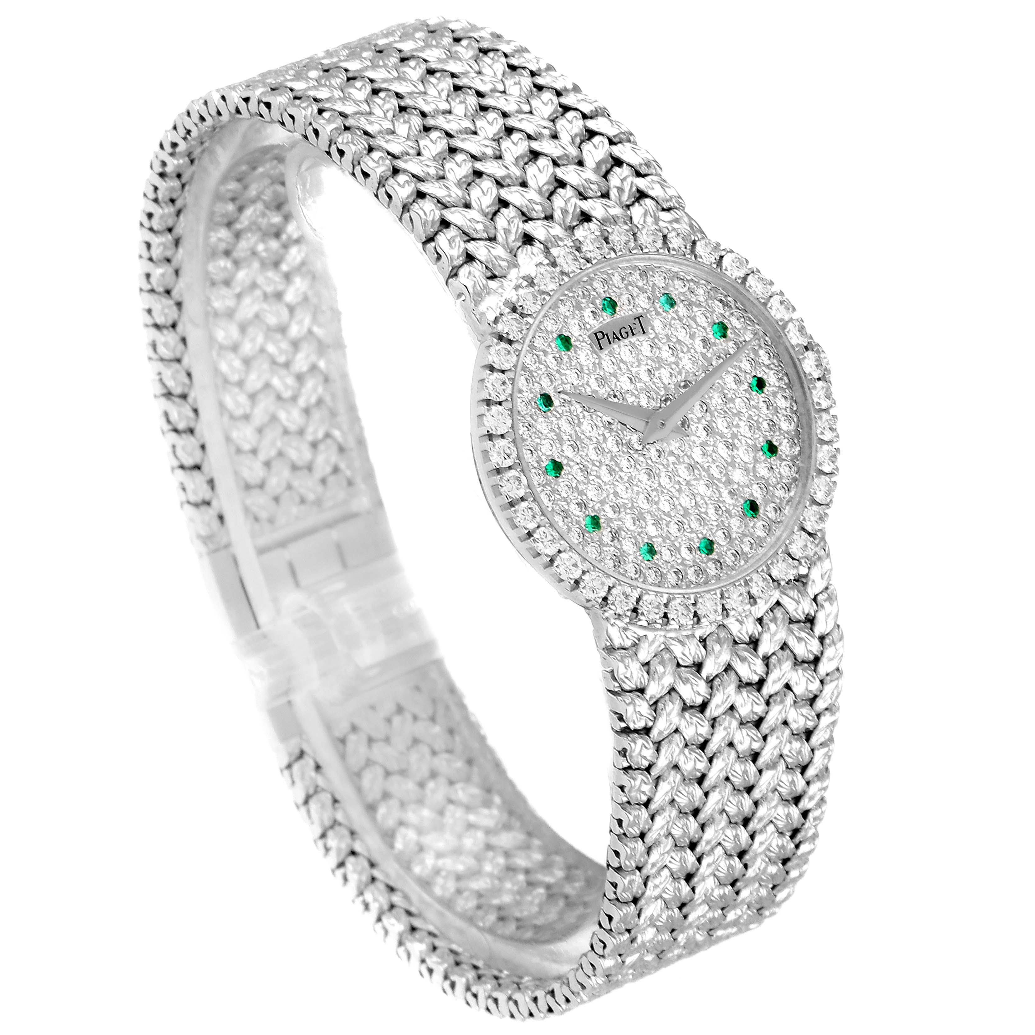 The image shows the Piaget 9706 Women's White Gold  9706 Women's White Gold  White Gold Pave Diamond Emerald Dial Vintage Cocktail Ladies Watch 9706 from a front angle.