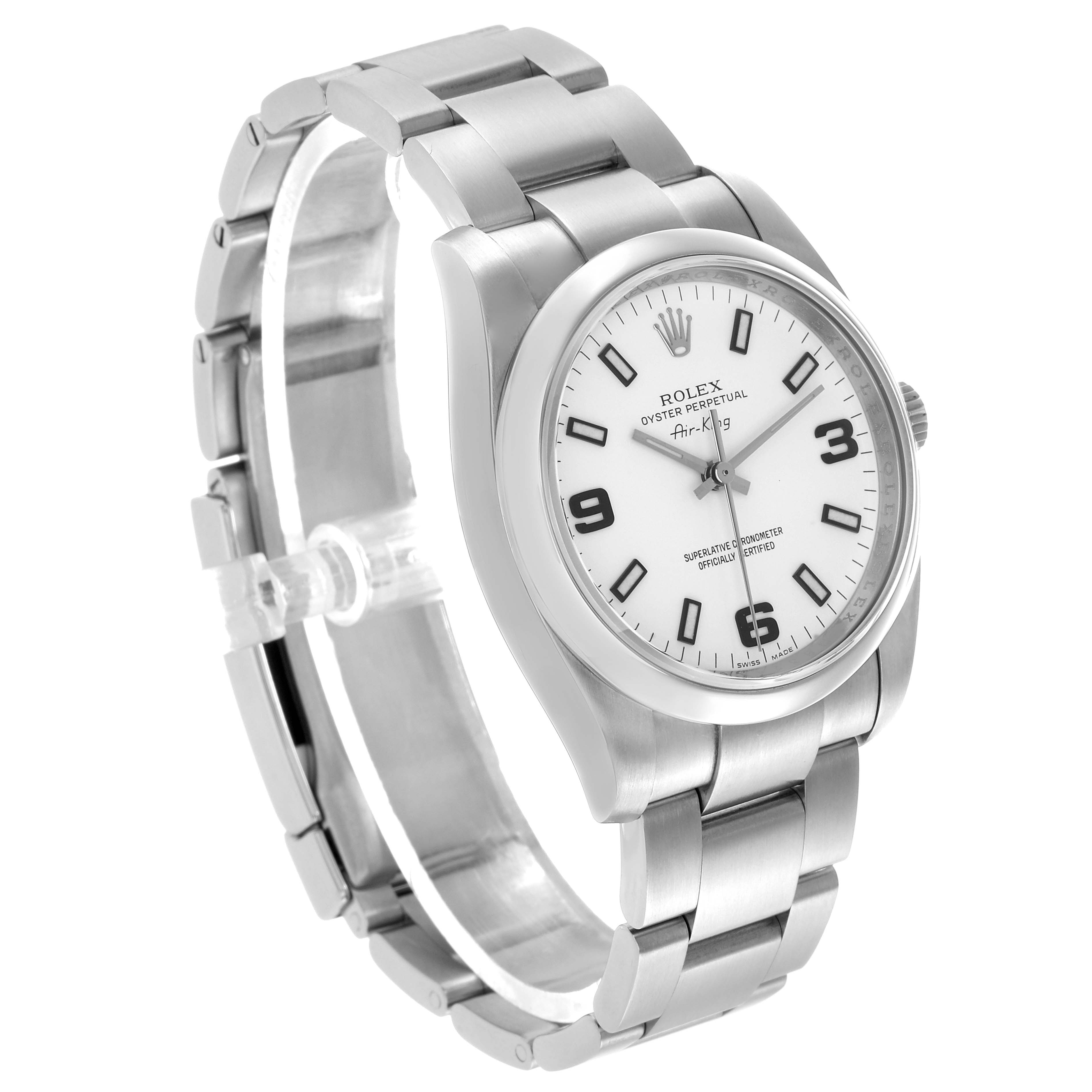 The Rolex Air-King 114200 Men's Stainless Steel White Dial watch is shown at a three-quarter angle, displaying its face, bezel, and metal bracelet.