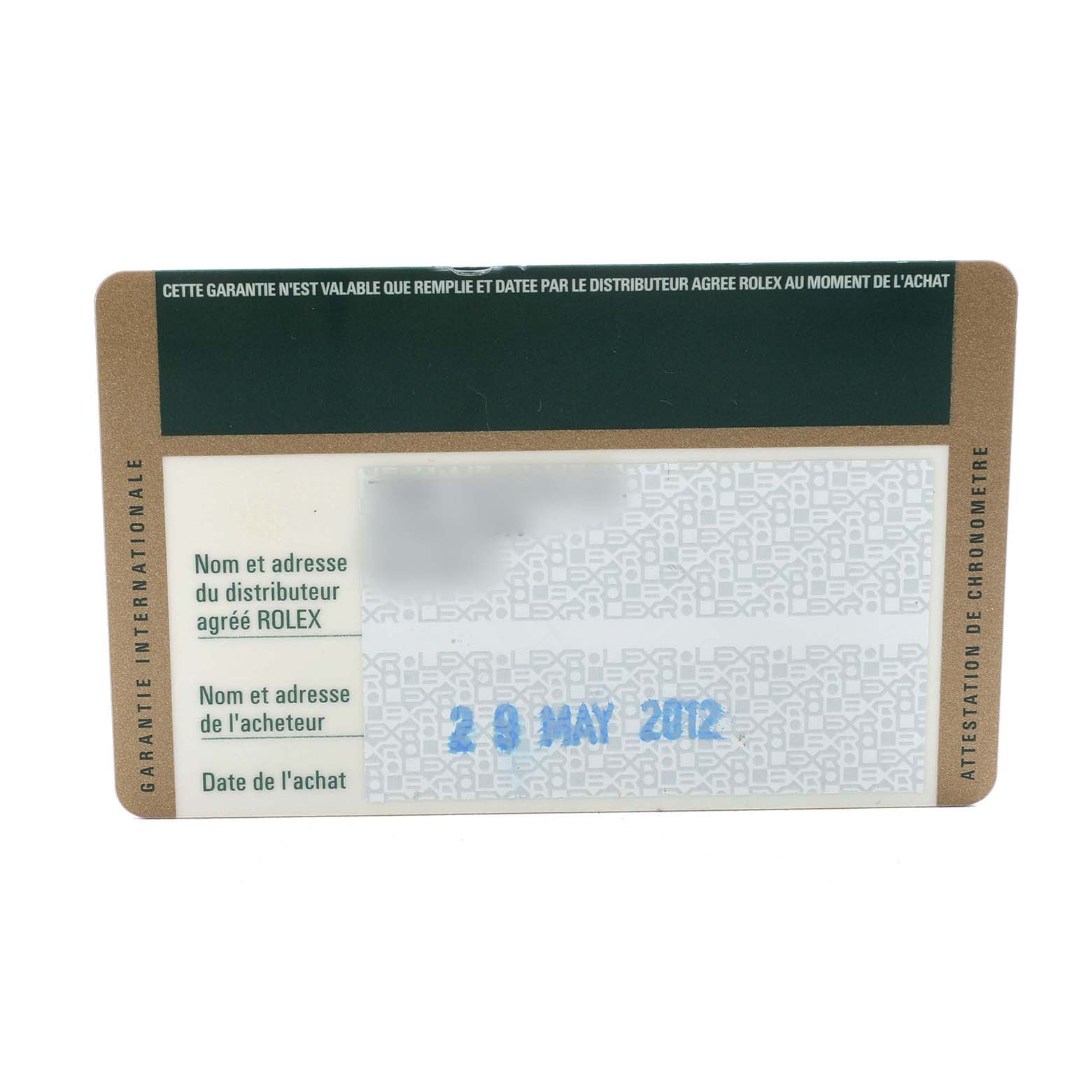 The image shows a warranty card for a Rolex Air-King 114200 Men's Stainless Steel White Dial, highlighting details like purchase date and authorized distributor.