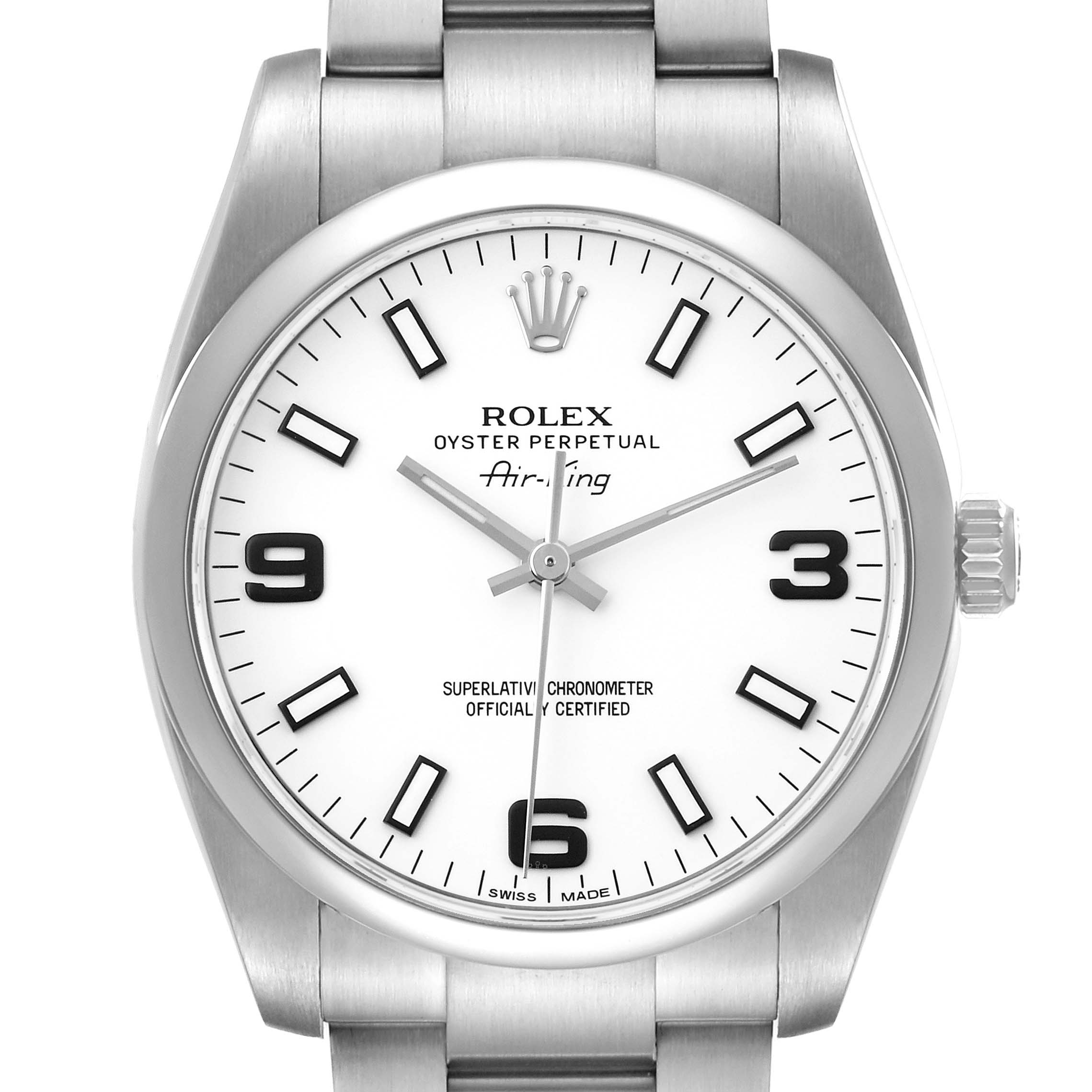 The Rolex Air-King 114200 Men's Stainless Steel White Dial watch is shown from a frontal angle, displaying its dial, bezel, crown, and part of the bracelet.