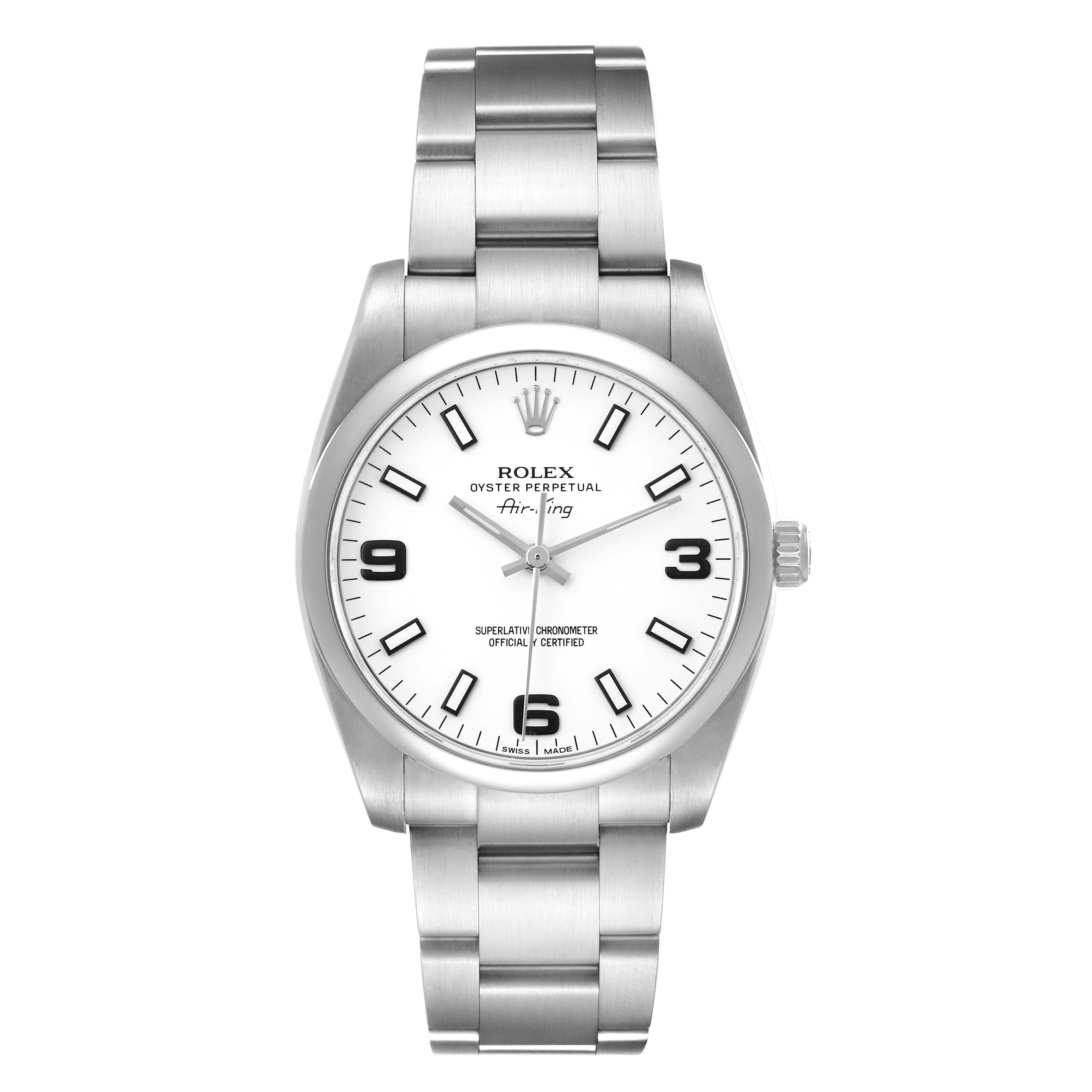 The Rolex Air-King 114200 Men's Stainless Steel White Dial watch is shown from a front angle, displaying the full face, bezel, and bracelet.